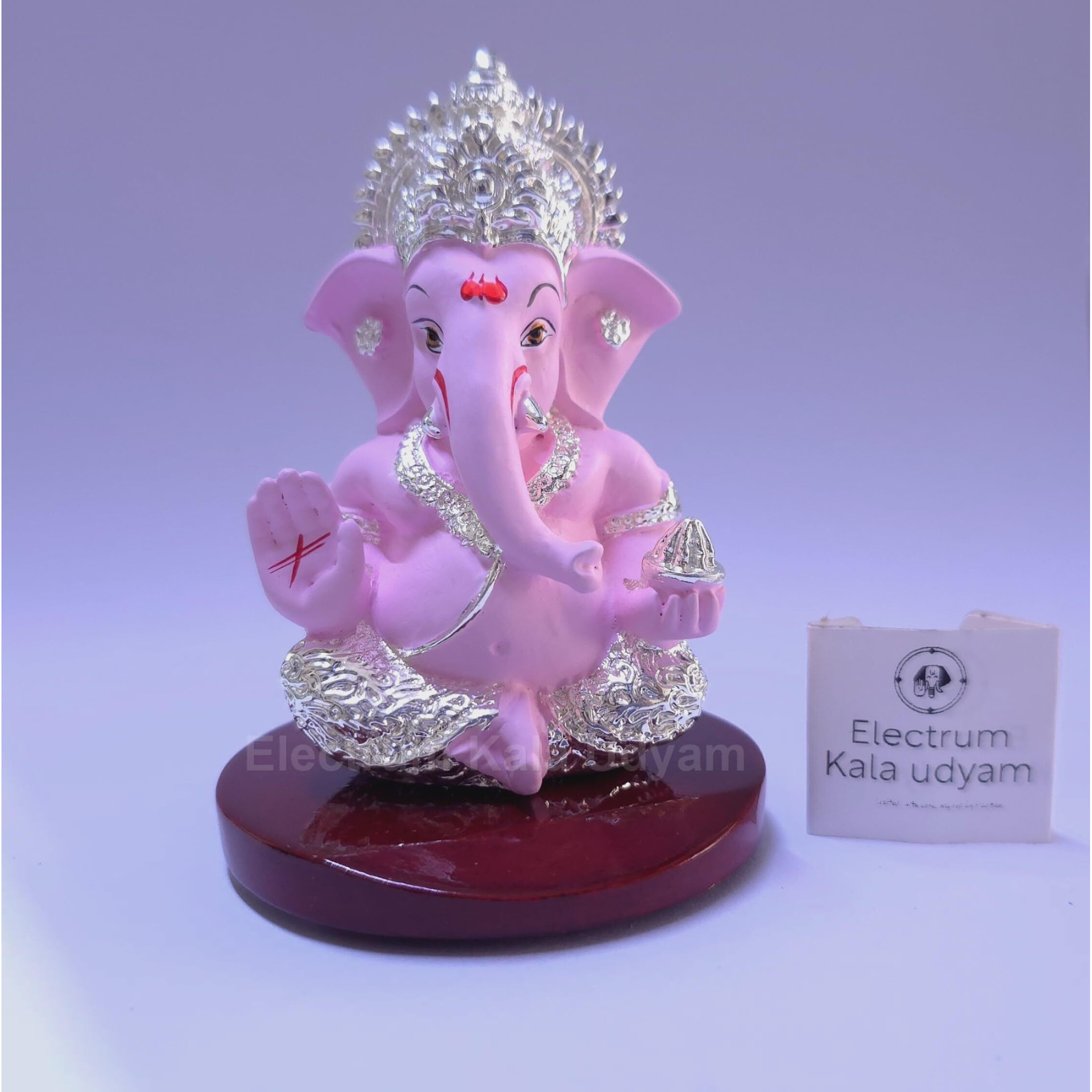 Electrum Kala udyam Ganesha/Ganpati Silver Plated Idol on MDF Base for Car Dashboard, Office Desk, and Festive Gifting (SILVERPINKMUKUTMDF 3.5)