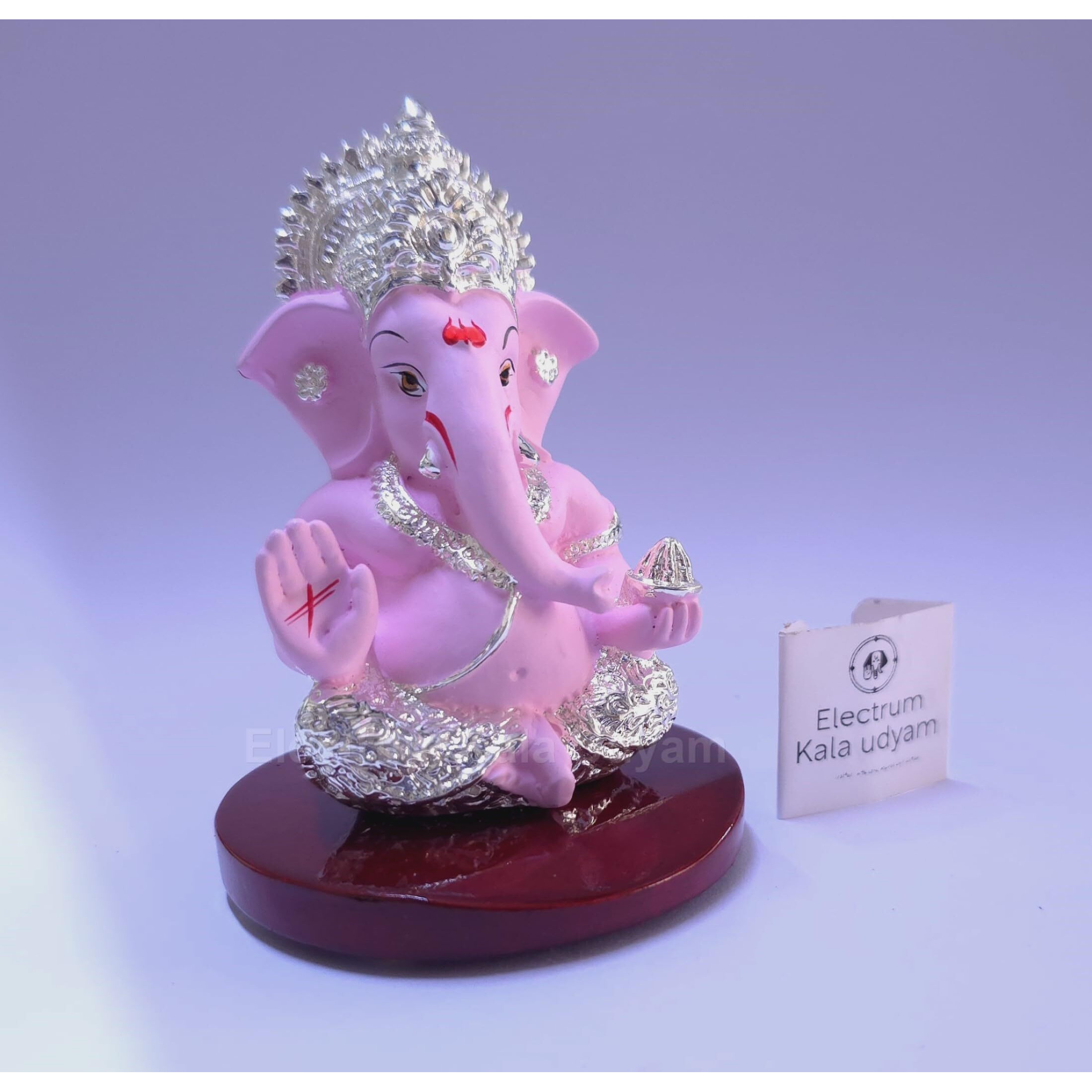 Electrum Kala udyam Ganesha/Ganpati Silver Plated Idol on MDF Base for Car Dashboard, Office Desk, and Festive Gifting (SILVERPINKMUKUTMDF 3.5)