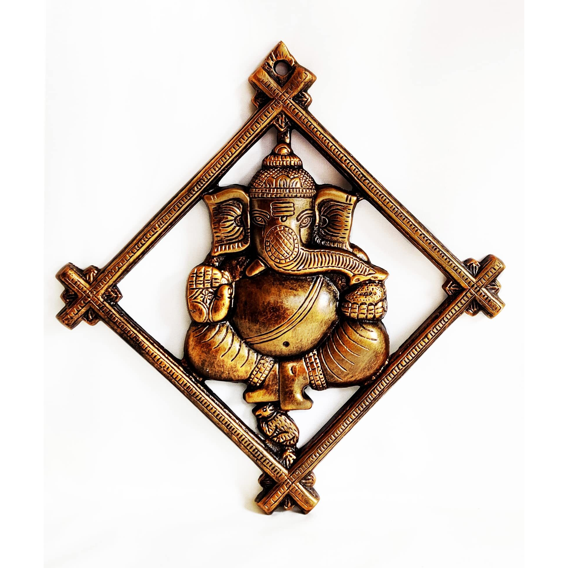 Akriti Brass Aluminum Ganesha Wall Hanging for Entrance Door Living Room Pooja | Ganpati Gun Metal Copper Gold Diwali Gifting Religious God Statue (Patang and Darbar)