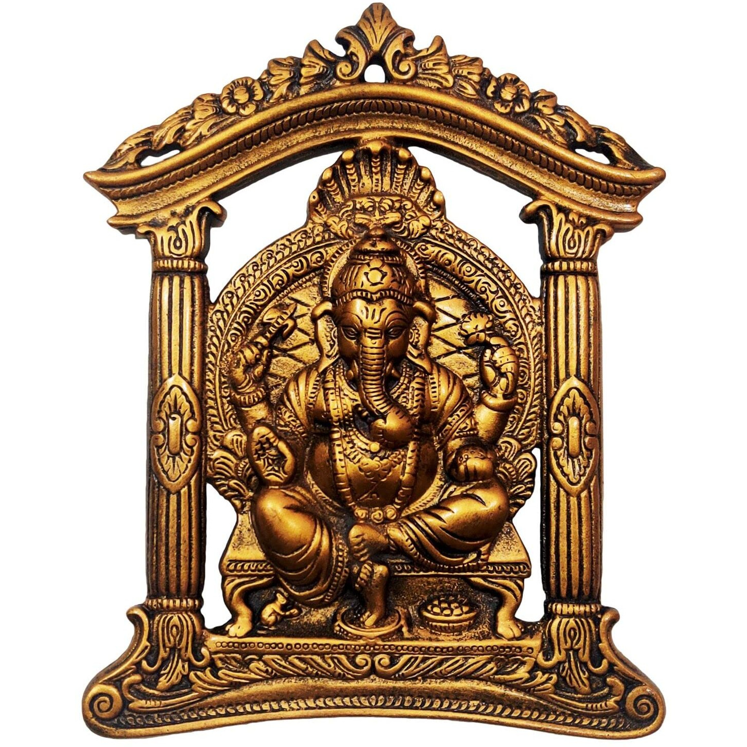 Akriti Brass Aluminum Ganesha Wall Hanging for Entrance Door Living Room Pooja | Ganpati Gun Metal Copper Gold Diwali Gifting Religious God Statue (Patang and Darbar)