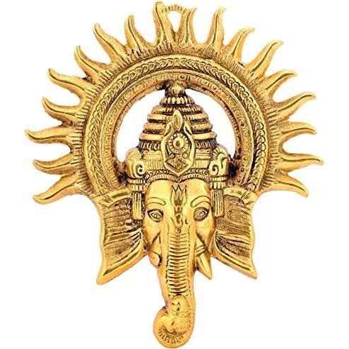 Kalakriti Metal Ganesha Idol For Home Decor With Surya Chakra - Ganeshji Ganpati Murti Statue Idol - Wall Hangings Lucky Fengshui - Decorative Gifts Showpiece (20 Cm X 3 Cm X 23 Cm, Golden)