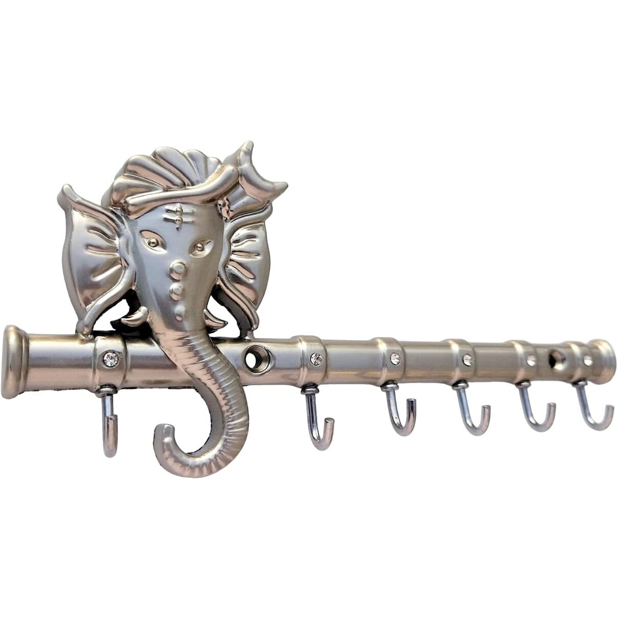 Zeetab Diamond Ganesha Key Holder & Hanger | Metal Lord Ganpati Key Stand with 6 Hook Wall Mount | Home Decor Housewarming Gift (Silver)