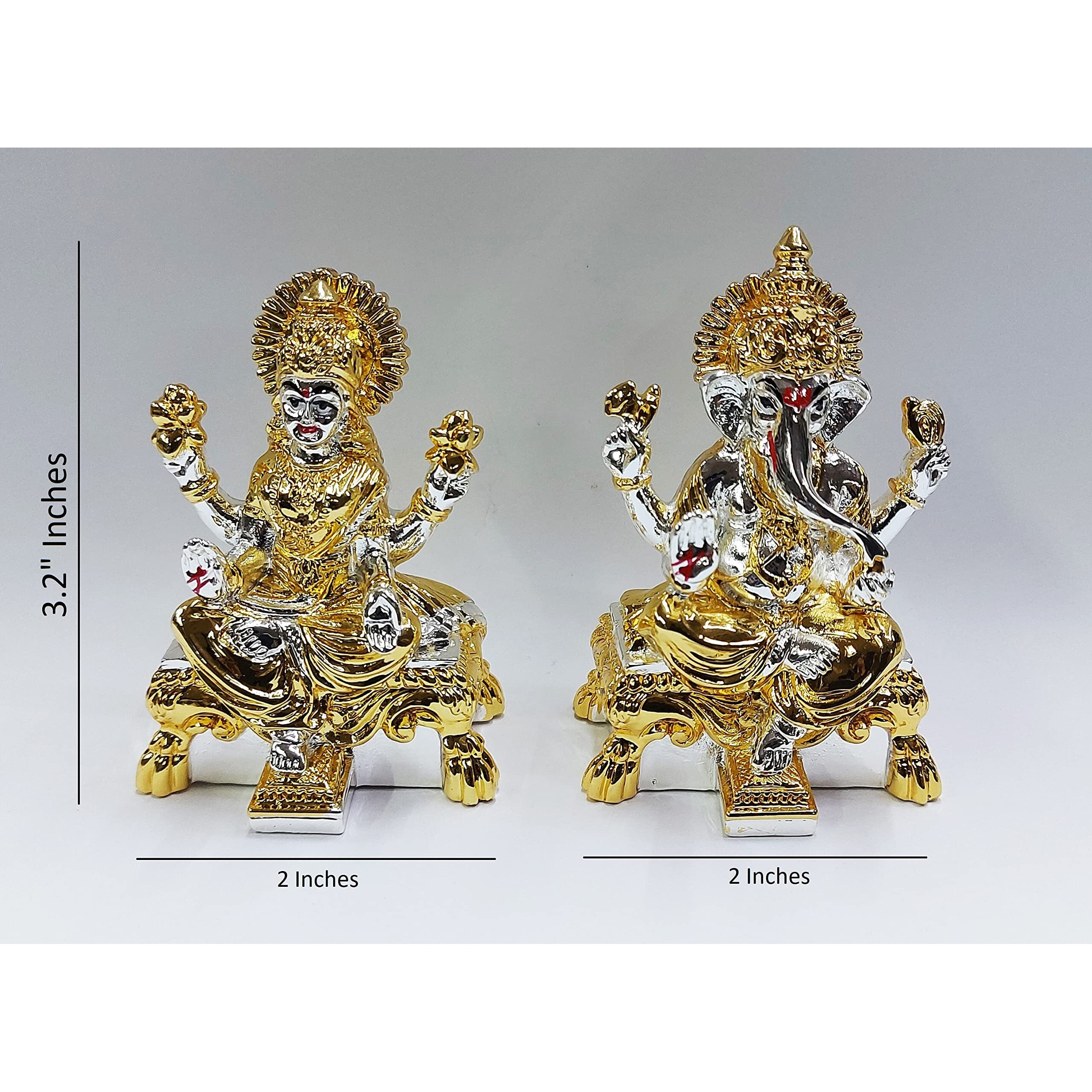 Gold Art India Gold and Silver Plated Laxmi Ganesha Pair Goddess Idol | Laxmi Devi Ganpati Ji |for Diwali Pooja Sculpture Statue Home, Gifting,Showpiece (2.75 inches Height) (Gold and Silver)