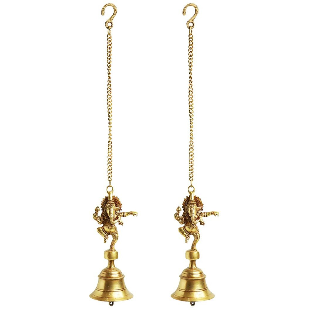 ExclusiveLane Dancing Ganpati Brass Decorative Hanging Bells for Home Decoration (Set of 2, Pure Brass, 3.4 x 3.4 x 9.3 Inch, 2.5 Kg) |Brass Bell Hanging Decorative Items Bell for Mandir Pooja Room