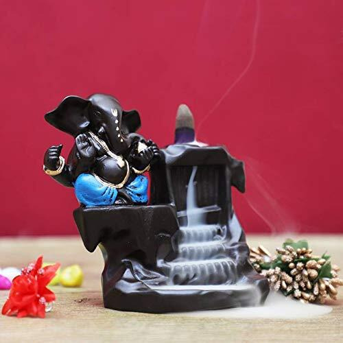 Craftam Polyresin Big Size Ganesha, Ganpati Deva Smoke Backflow Fountain Incense Holder with 10 Backflow Incense Cones (Big Size 10X8X12.5 cm, Blue)