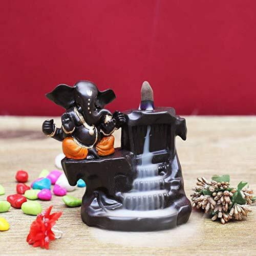 Craftam Polyresin Big Size Ganesha, Ganpati Deva Smoke Backflow Fountain Incense Holder with 10 Backflow Incense Cones (Big Size 10X8X12.5 cm, Orange)