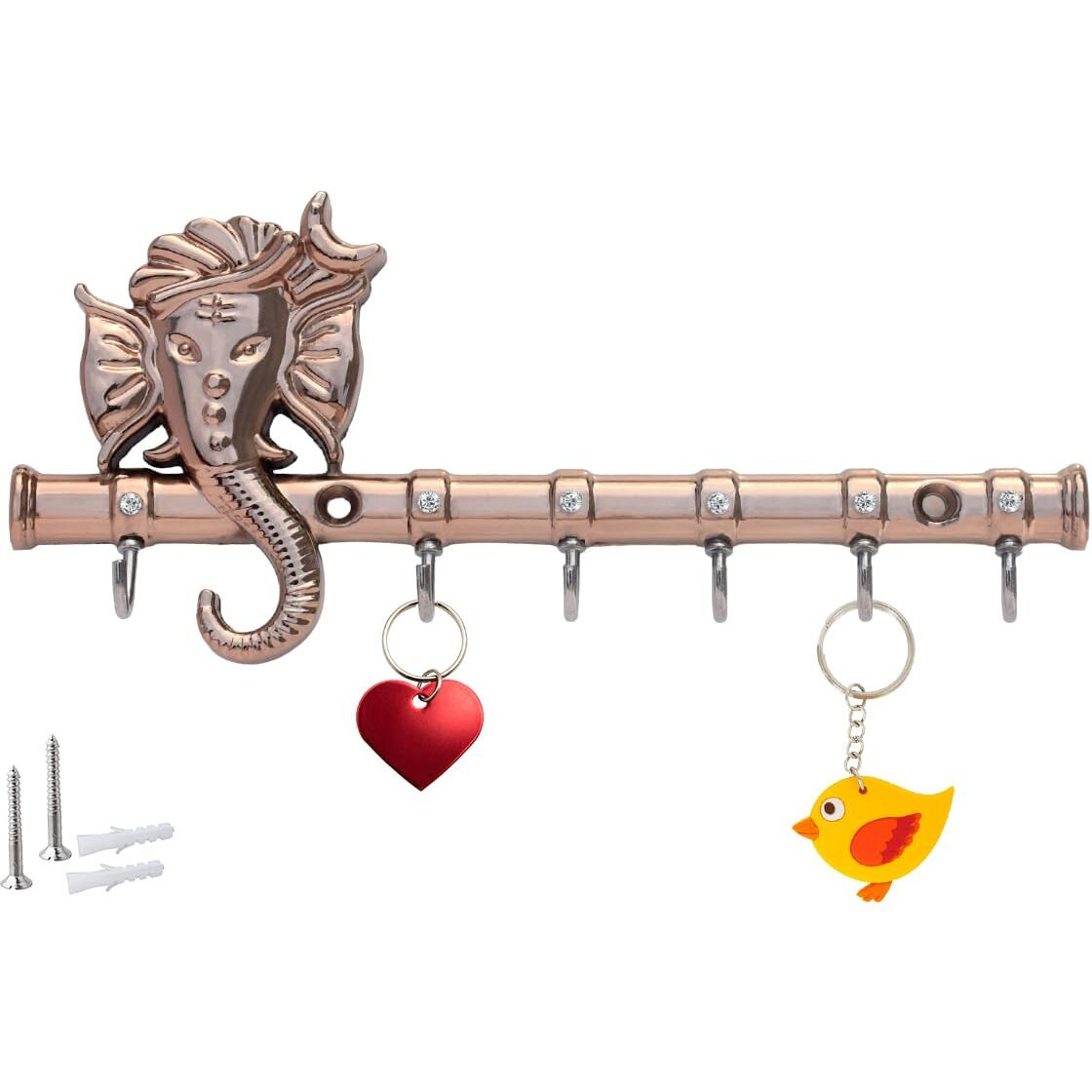 Zeetab Diamond Ganesha Key Holder & Hanger | Metal Lord Ganpati Key Stand with 6 Hook Wall Mount | Home Decor Housewarming Gift (Rose Gold)