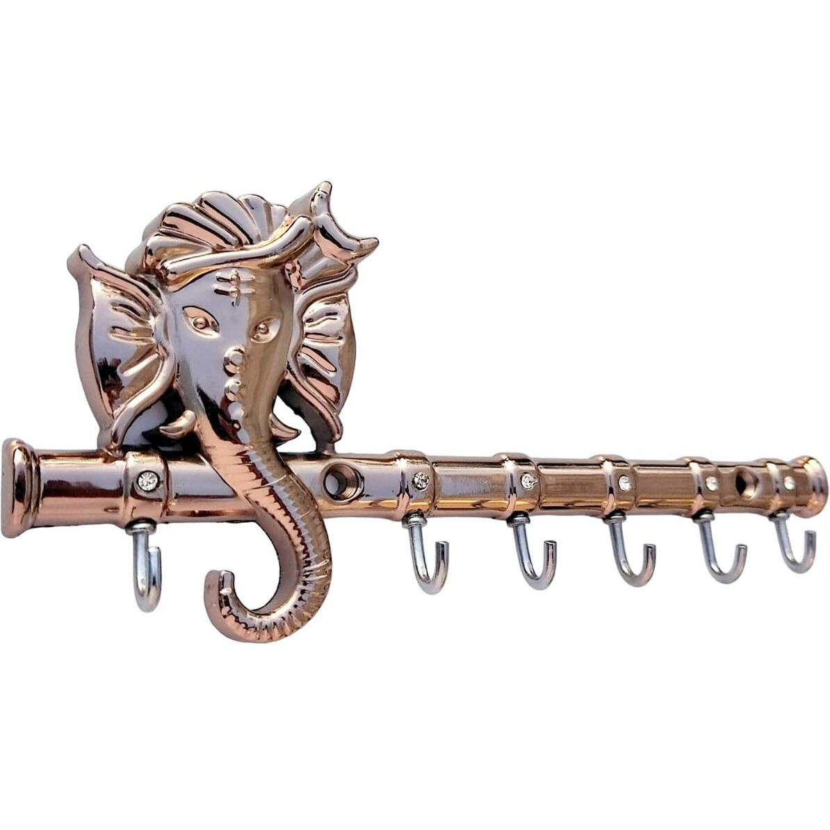 Zeetab Diamond Ganesha Key Holder & Hanger | Metal Lord Ganpati Key Stand with 6 Hook Wall Mount | Home Decor Housewarming Gift (Rose Gold)