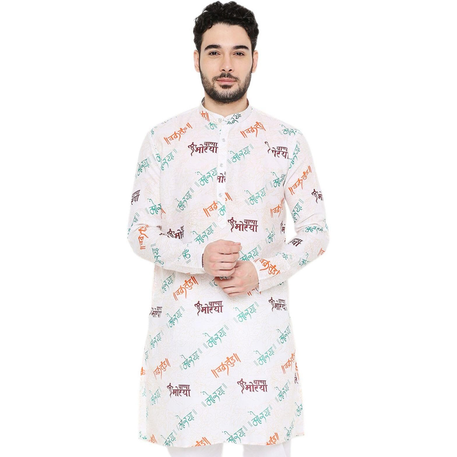 Maharaja Magic Cotton All Over Ganpati Bappa Morya Print Kurta in White for Men [MSKurta202-36]