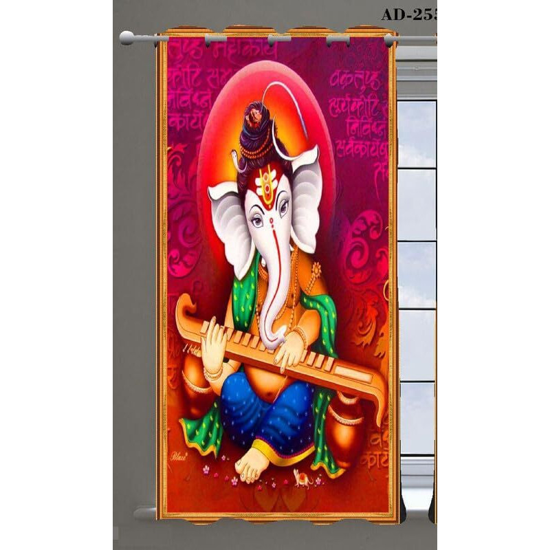 Honger Polyeser 3D Digital God Ganpati Ji Printed 4 x 7 Feet Door Curtain Pack of 1 Pecs Mandir Room || Pooja Room Curtain