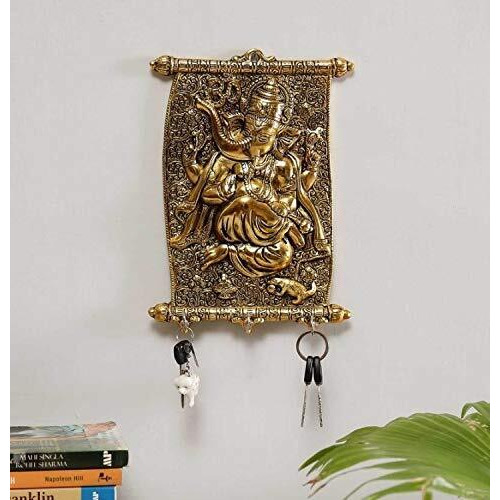 KridayKraft Metal Golden Calendar Ganesha ji Key Holder,Ganesha Metal Statue Decor Your Home,Office Walls,Religious Idol,Ganpati Showpiece Figurines