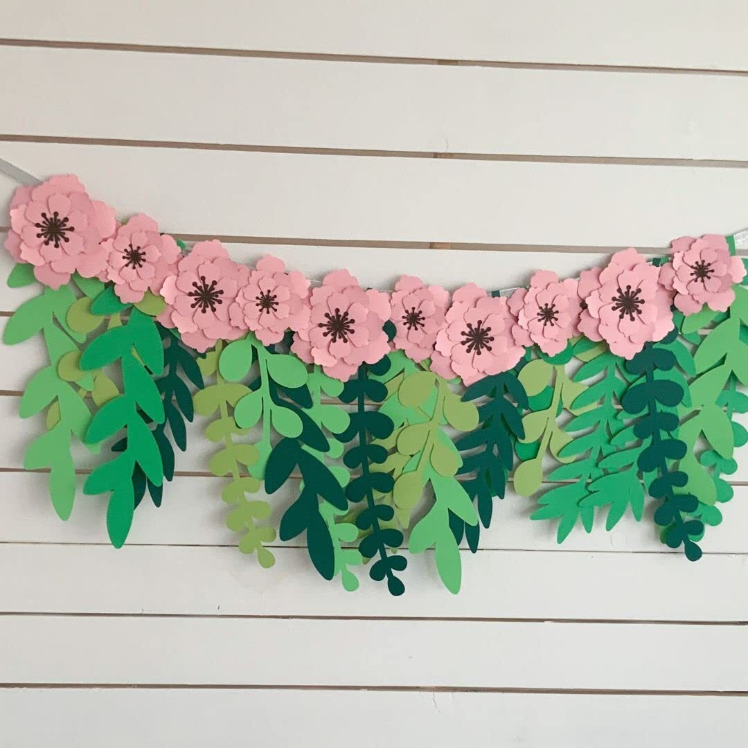 Pinfliers Floral|Jungle Theme Birthday Decoration Flower Garland for Ganpati Puja|Diwali Festival Background Decoration Items for Home,Paper Pink Flowers for Decoration and 20 Leaves