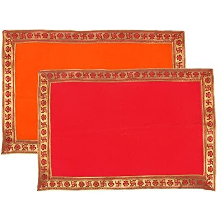 VEDETIC (Set of 2) Ganpati Orange/Red Velvet Baithak Assan Size 12 * 18 INCH/Ganpati Rumal/Puja Cloth/Puja Assan/Puja Chowki Aasan Cloth Puja Altar Cloth for Multipurpose Use for Home Mandir Temple (Orange/Red)