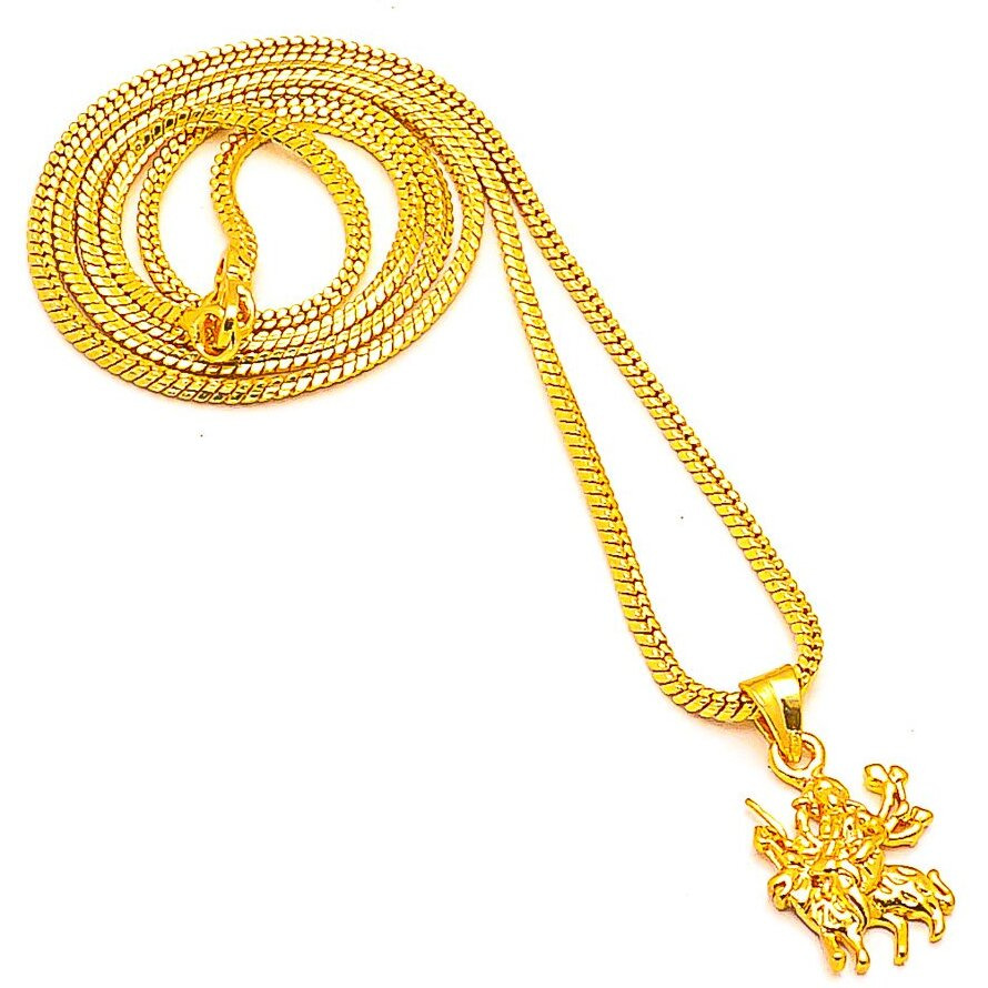 Jewar Mandi Locket Gold Plated GANESH JI, HANUMAN JI, DURGA MATA JI, RADHAKRISHNA JI Religious Pendant with Chain Jewelry for Men-Women & Boys-Girls (Durga Mata Ji)