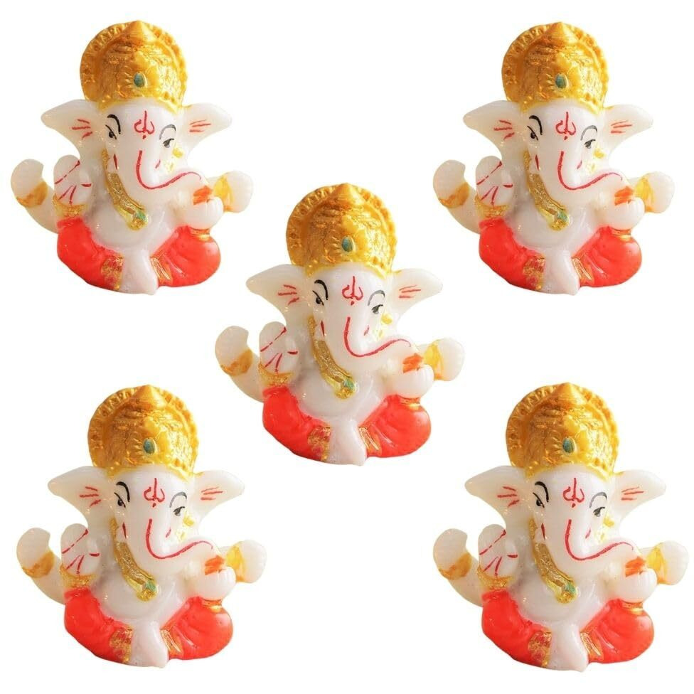 CraftVatika Polyresin Ganesha Idol Set of 5 for Home Decor, Diwali Return Gift, Car Dashboard, Ganesh Murti Showpiece Gift 2.5 x 2.5 Inch