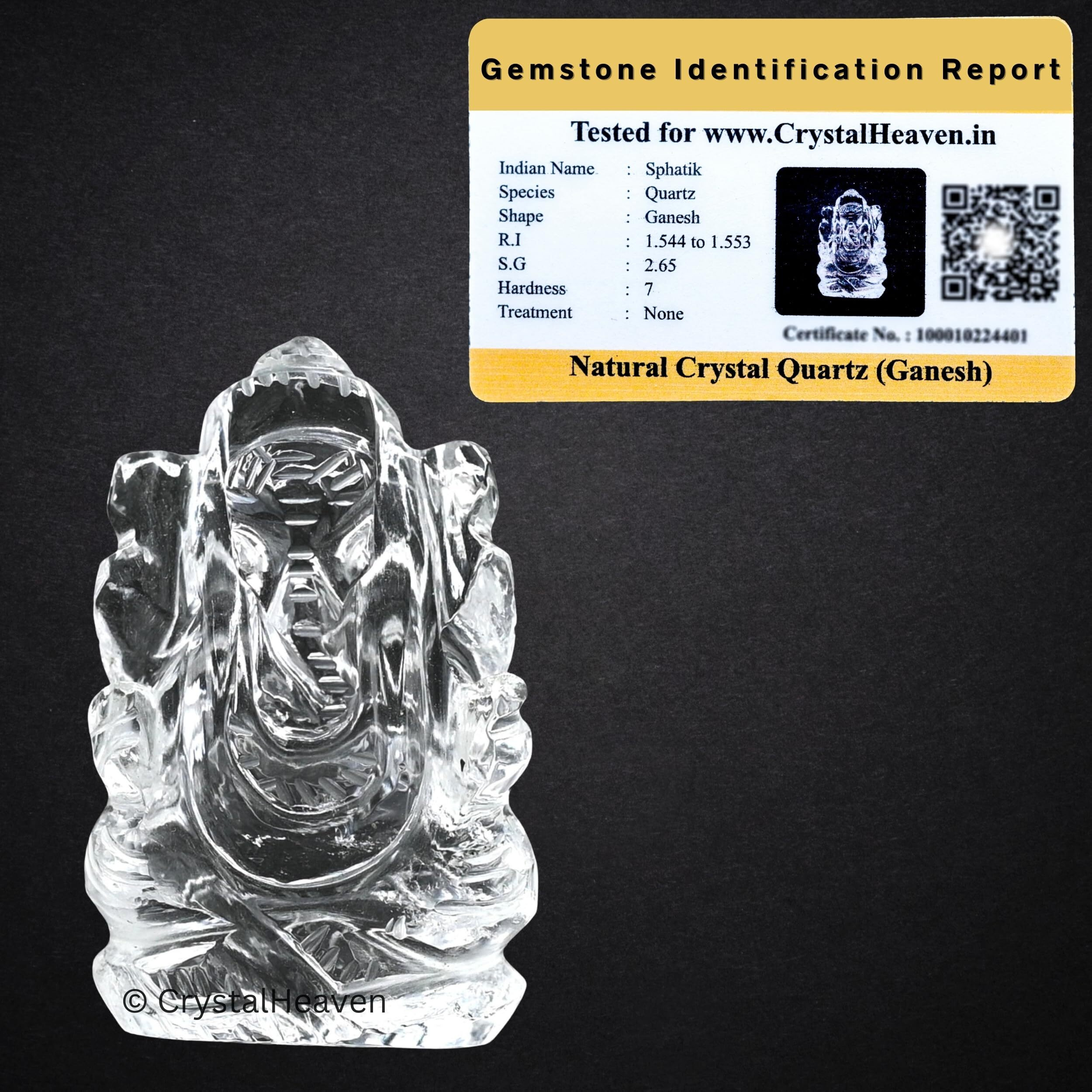 Crystal Heaven Sphatik Ganesh (A Grade) Original Certified Idol - AAA Grade Sphatik Healing Clear Quartz Crystal for Mediation Pooja (30-50 Gram)