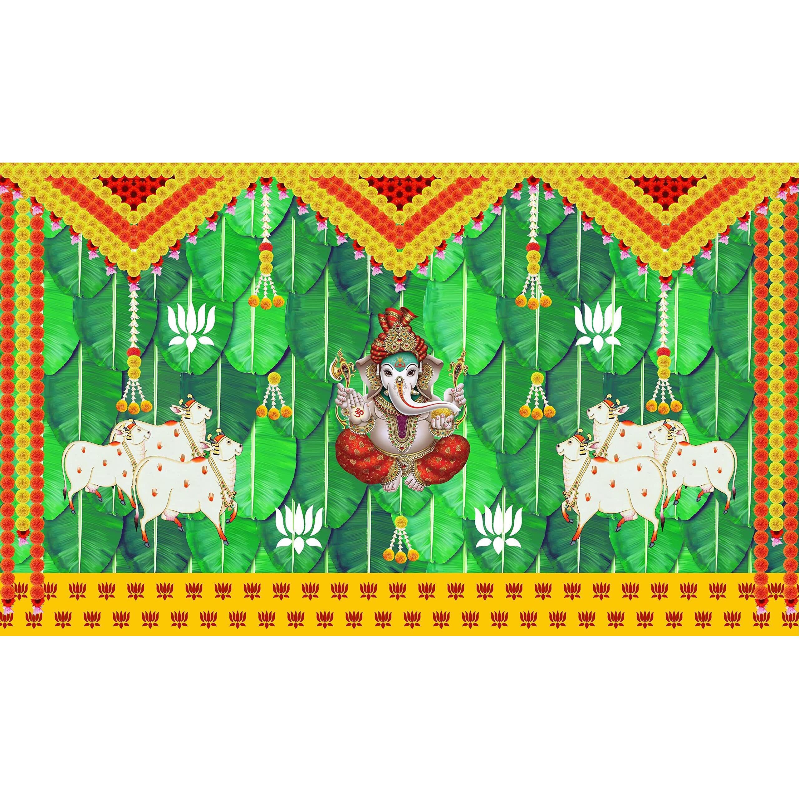 Ashvath Fashion Banana Leaf and Marigold and Lotus Flower with Cows and Ganesh ji Design Backdrop Cloth for Pooja Decoration Curtain for Festival Size 5Feet Height and 8Feet Width(5 * 8)