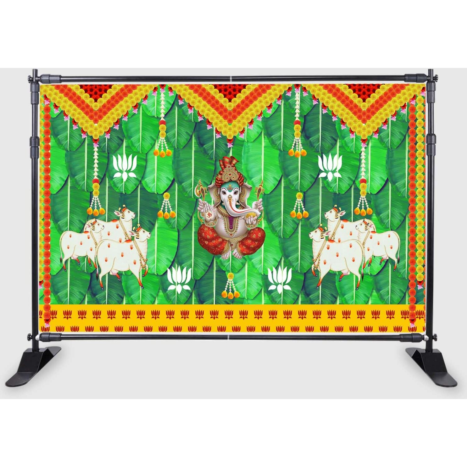 Ashvath Fashion Banana Leaf and Marigold and Lotus Flower with Cows and Ganesh ji Design Backdrop Cloth for Pooja Decoration Curtain for Festival Size 5Feet Height and 8Feet Width(5 * 8)