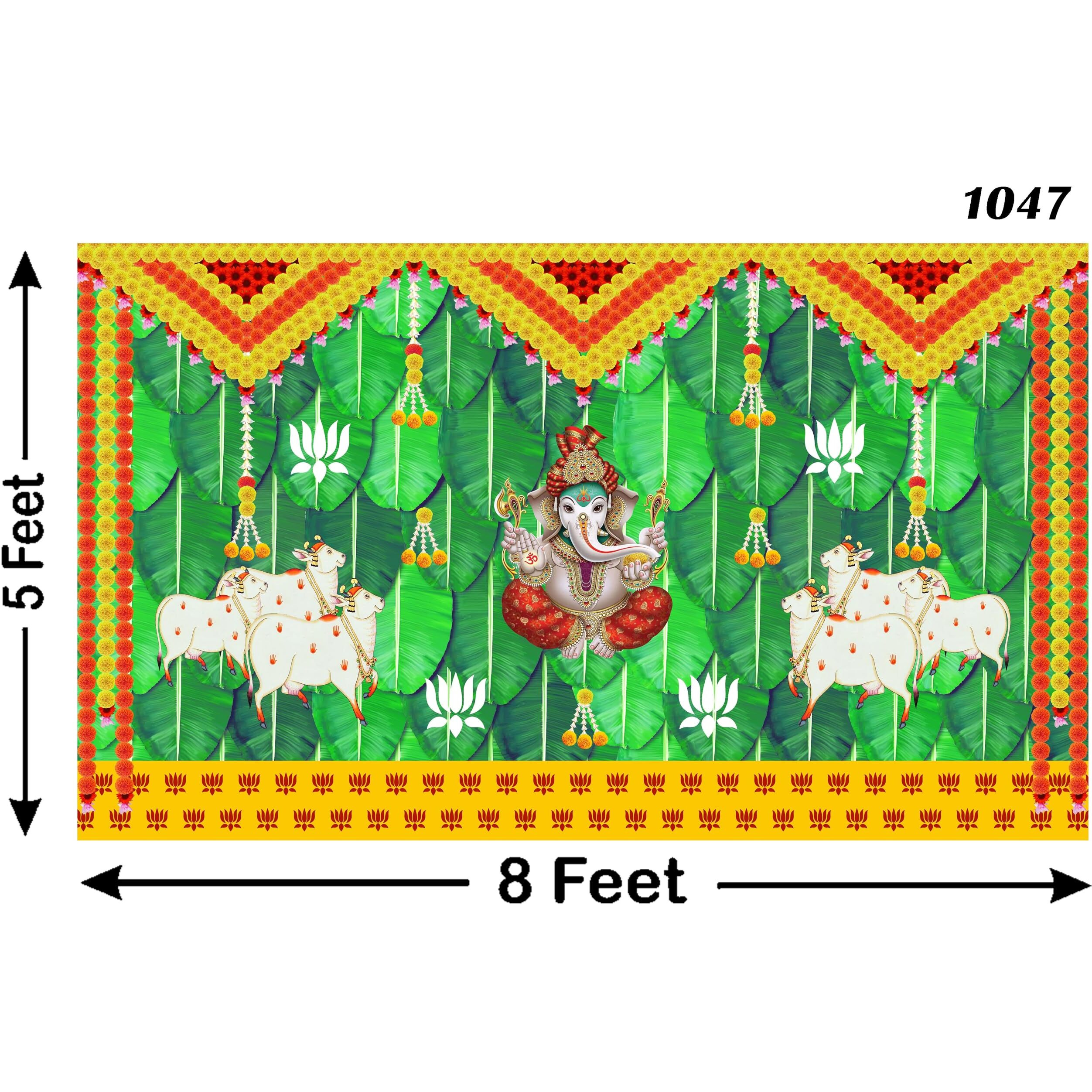 Ashvath Fashion Banana Leaf and Marigold and Lotus Flower with Cows and Ganesh ji Design Backdrop Cloth for Pooja Decoration Curtain for Festival Size 5Feet Height and 8Feet Width(5 * 8)