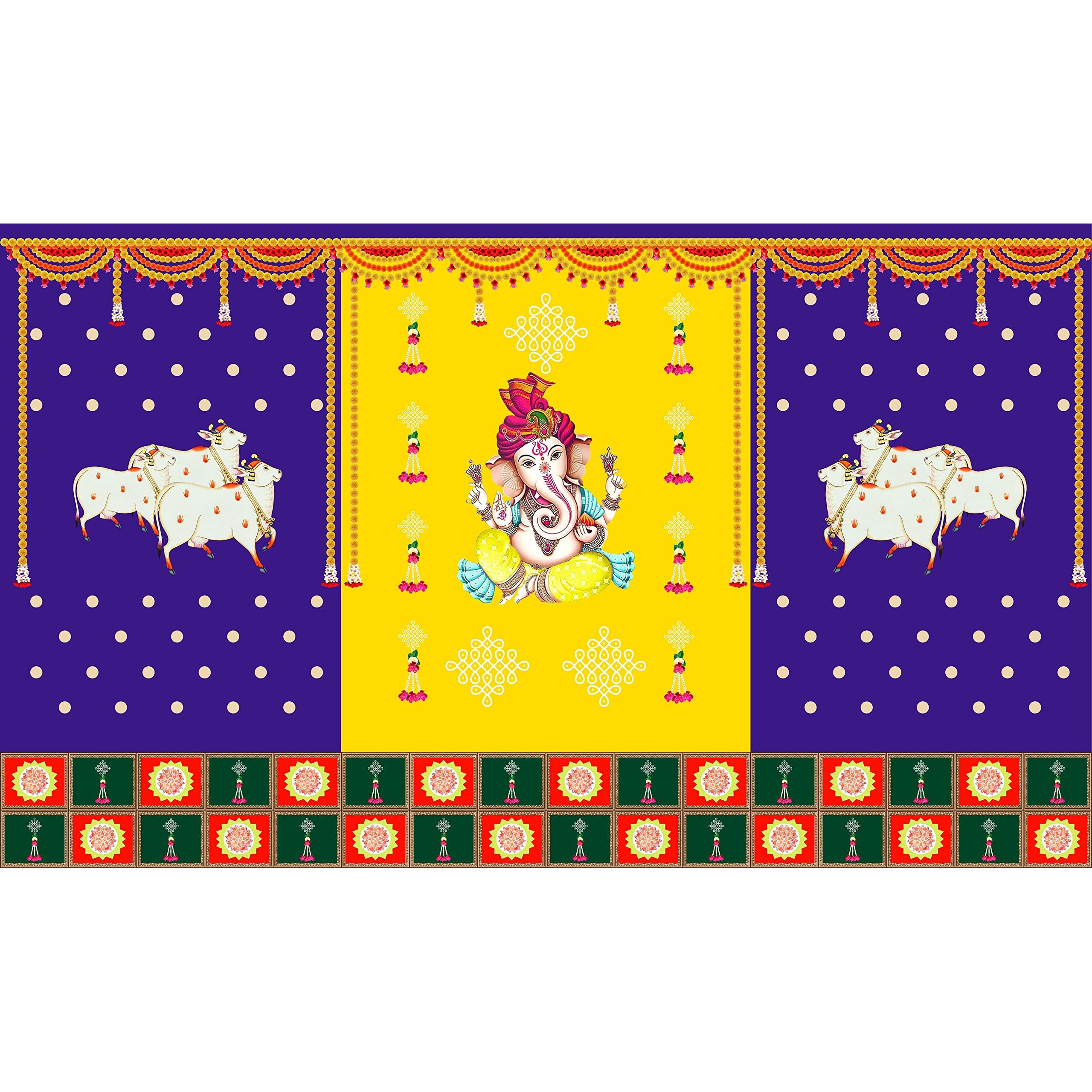 Ashvath Fashion Two Cow with Ganesh Ji Backdrop Curtain for Decoration Backdrop Cloth for Pooja Decoration Traditional / Background Curtain Cloth for Pooja / Festival.... Fabric -- Polyster Taiwan Fabric... Size---5 Feet height and 8 Feet width(5*8)... Washable fabric