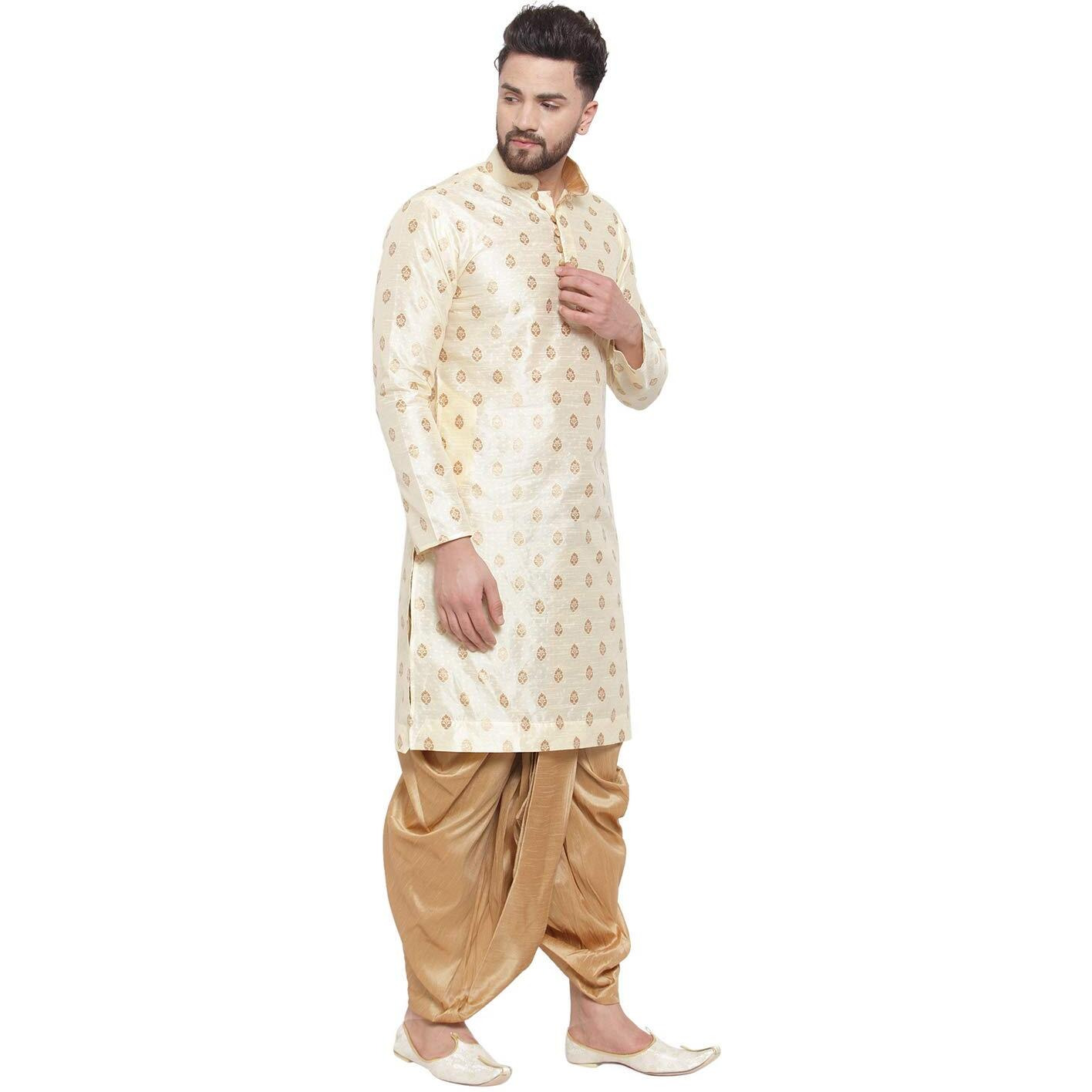 Larwa Ethnic Loop Button Ganesh Print Kurta Dhoti Set Beige,Size44