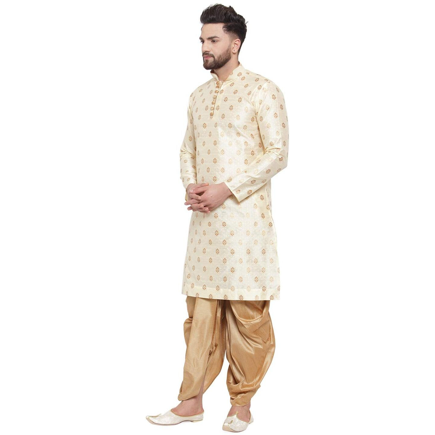 Larwa Ethnic Loop Button Ganesh Print Kurta Dhoti Set Beige,Size44