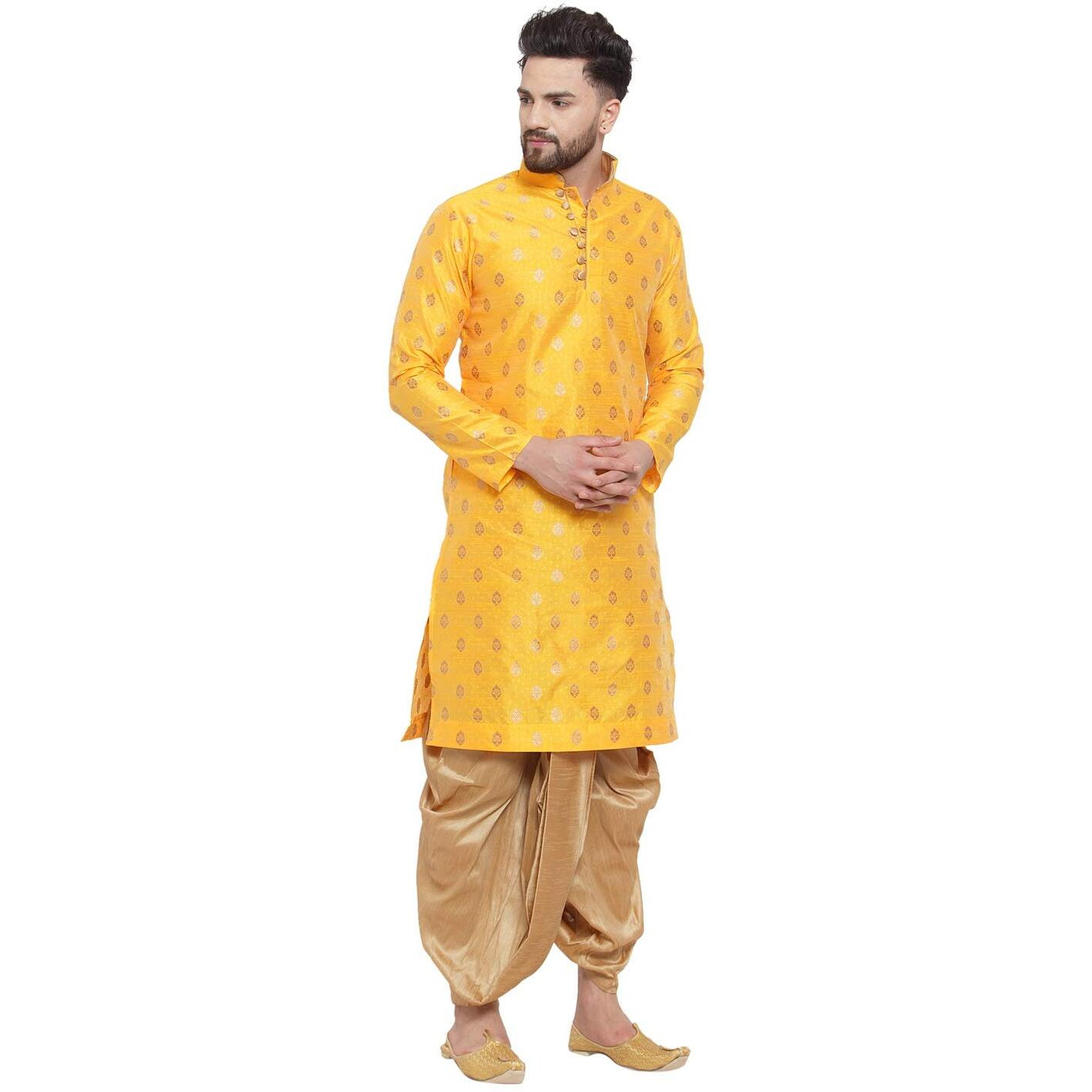 Larwa Mens Ethnic Loop Button Ganesh Print Kurta Dhoti Set (Yellow, Size 38)