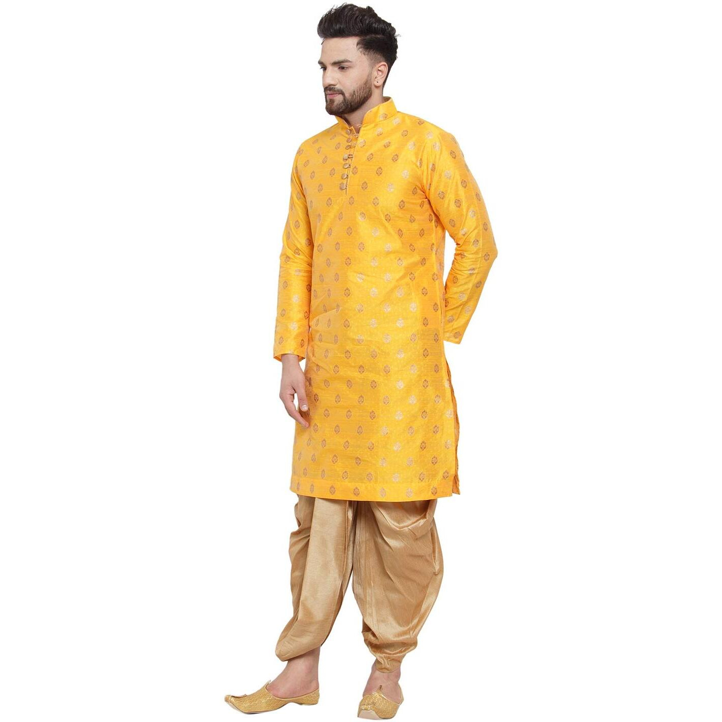 Larwa Mens Ethnic Loop Button Ganesh Print Kurta Dhoti Set (Yellow, Size 38)