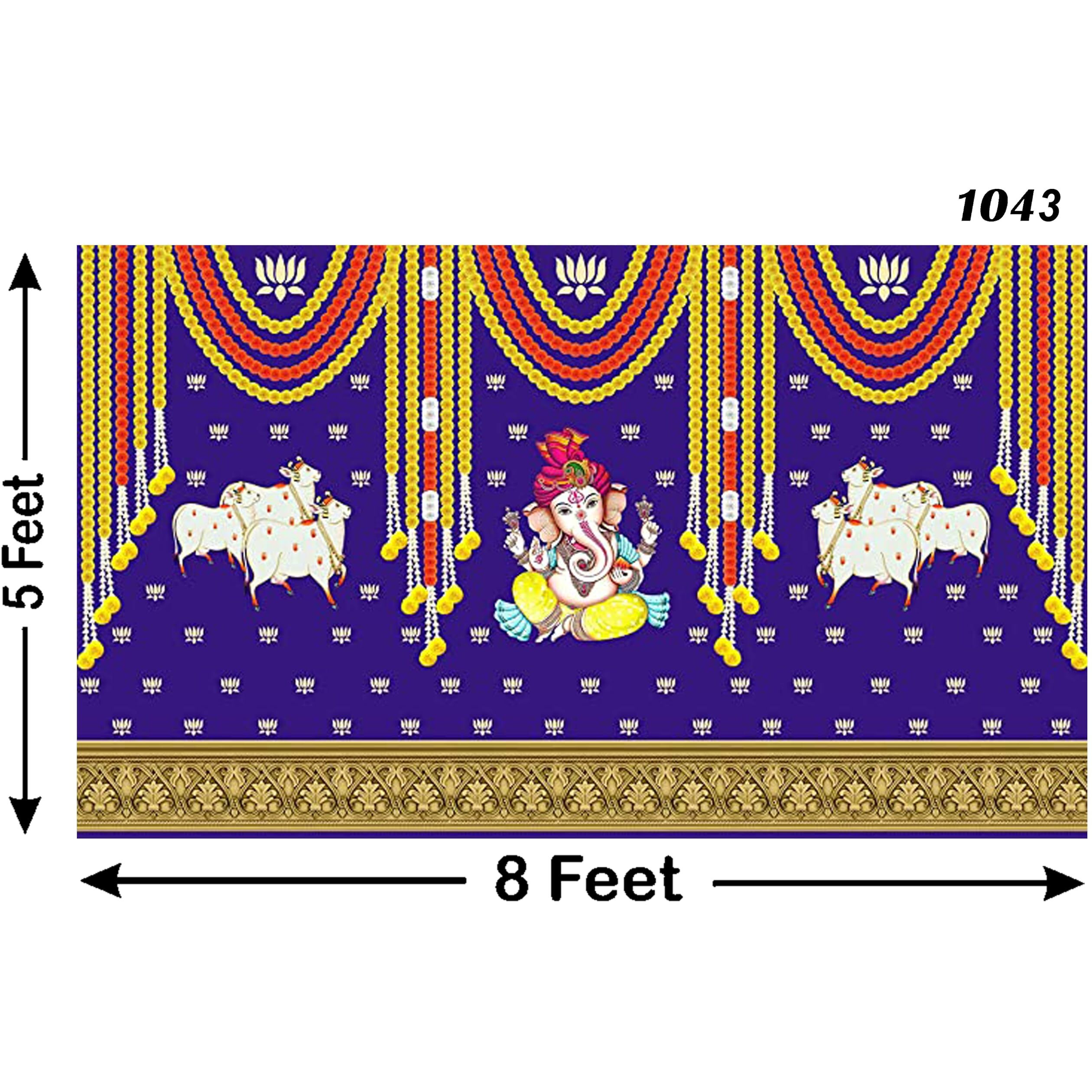 Ashvath Fashion Marigold and Lotus Flower with Cows and Ganesh ji Design Backdrop Cloth for Pooja Decoration Traditional Background Curtain Cloth for Festival Size 5Feet Height and 8Feet Width(5 * 8)