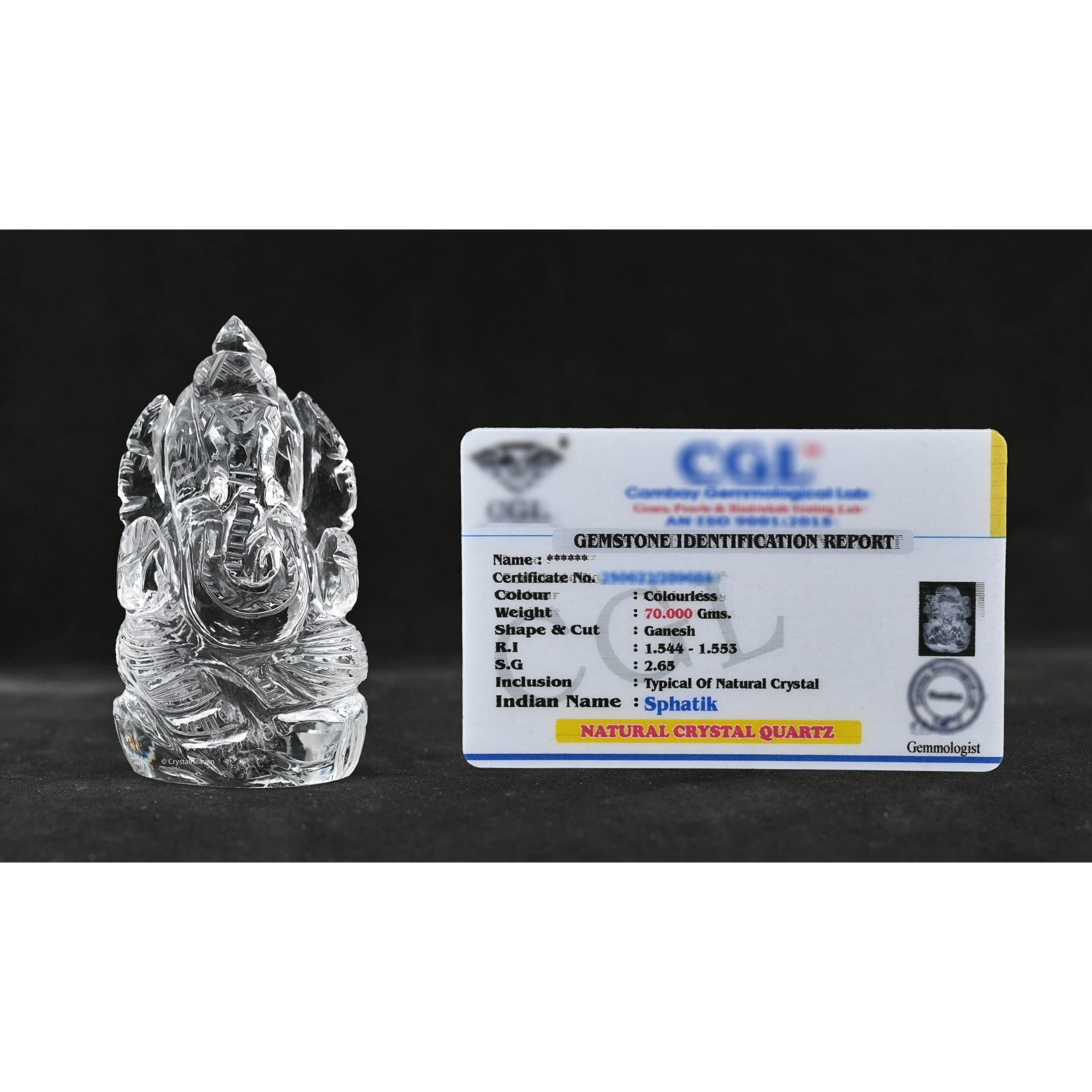 Crystal Heaven Sphatik Ganesh (A Grade) Original Certified Idol - AAA Grade Sphatik Healing Clear Quartz Crystal for Mediation Pooja (50-75 Gram)