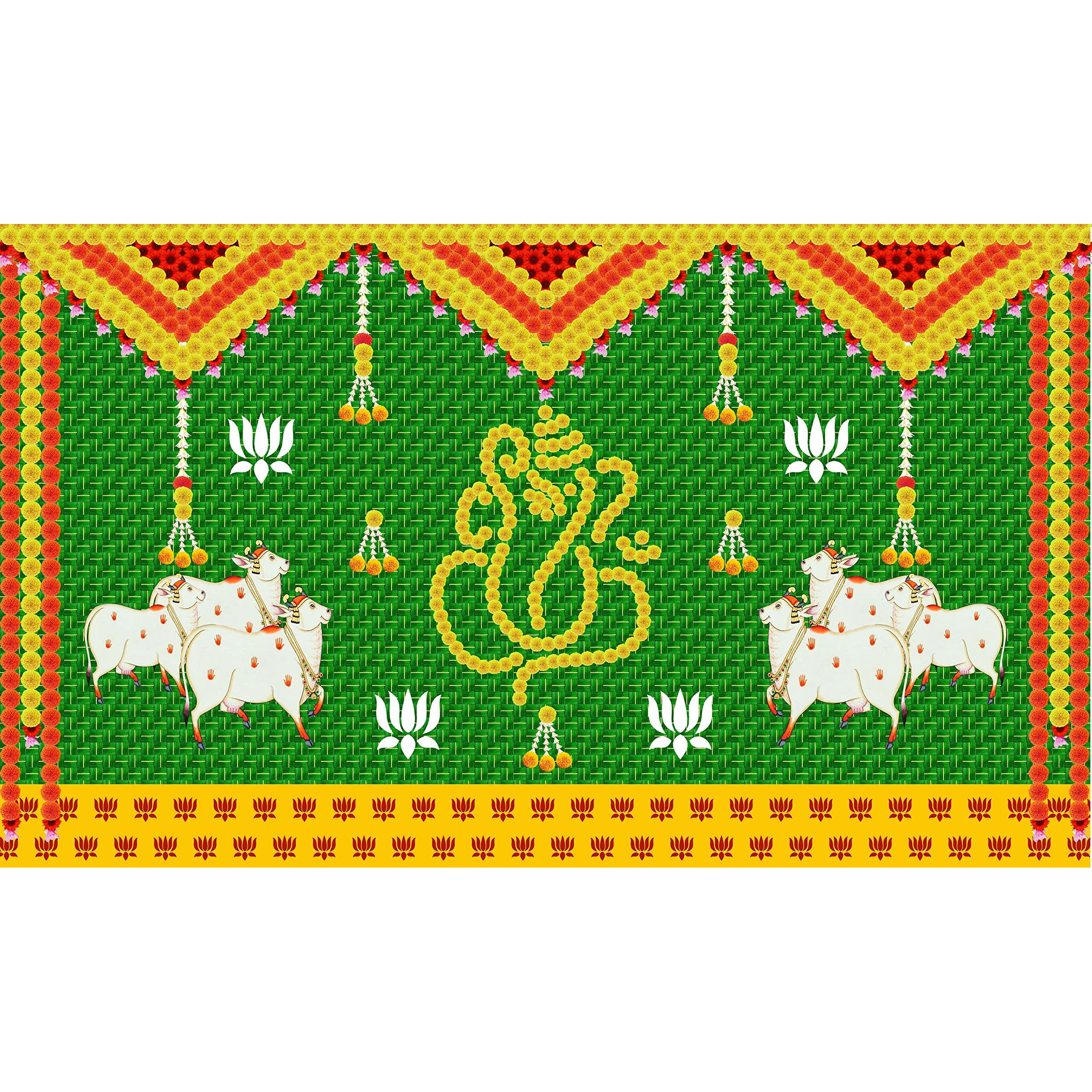 Ashvath Fashion Weaved Coconut Leaf with Yellow Marigold Flowers Ganesh ji Design Backdrop Cloth for Pooja Decoration Traditional Curtain for Festival Size 5Feet Height and 8Feet Width(5 * 8)