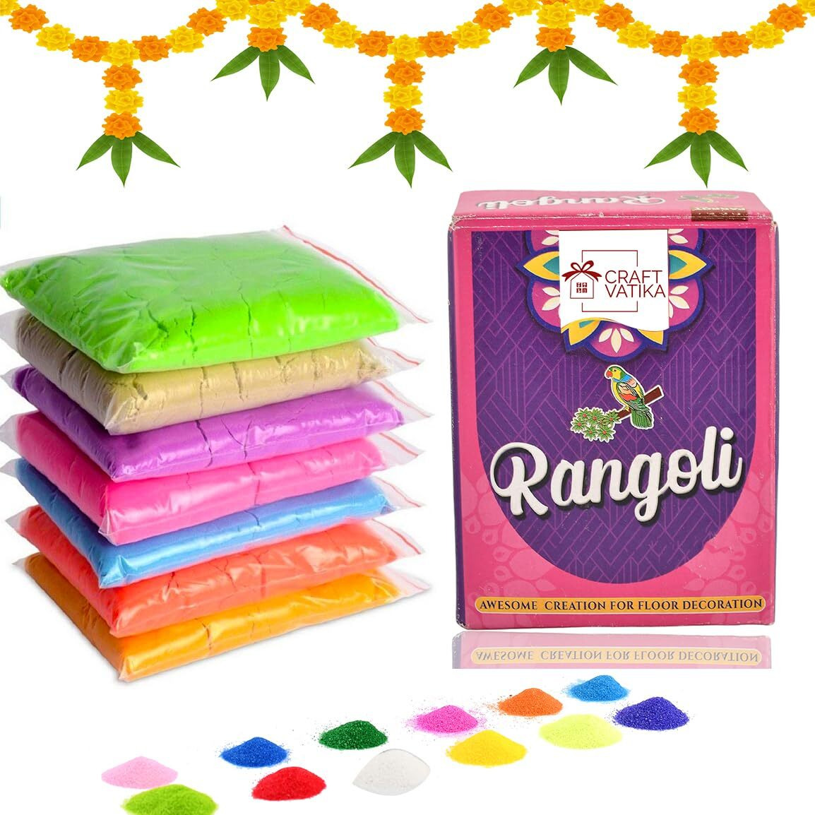 CraftVatika Multicolor Rangoli Powder for Diwali Decoration Item, Floor Decoration Ganesh Chaturthi, Diwali Festival Decoration (Multicolor) (1 Box, 5 Pouches)