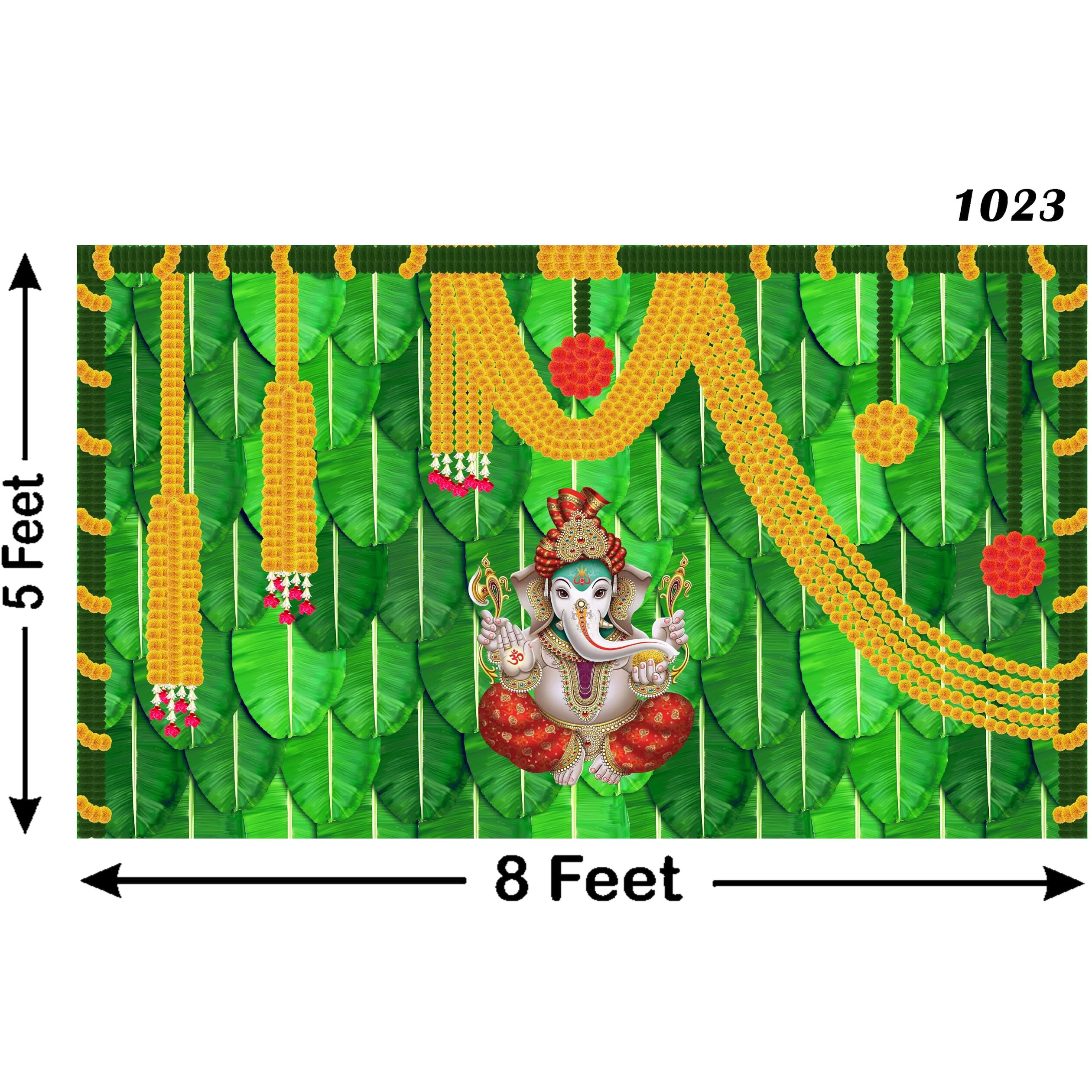 Ashvath Fashion Banana Leaf and Marigold Flower with Ganesh ji Design Backdrop Cloth for Pooja Decoration Curtain Cloth for Festival Fabric-Polyester Size 5 Feet Height and 8 Feet Width(5 * 8)