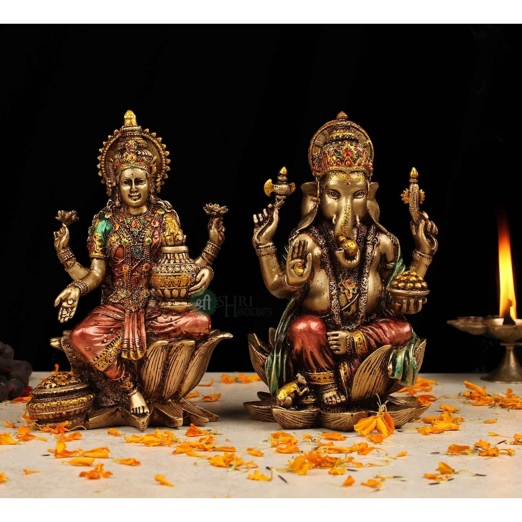 Indicast Cold Cast Resin Laxmi and Ganesh Showpiece Antique Home Decor and Gifting (7 Inches, Metal Finish)