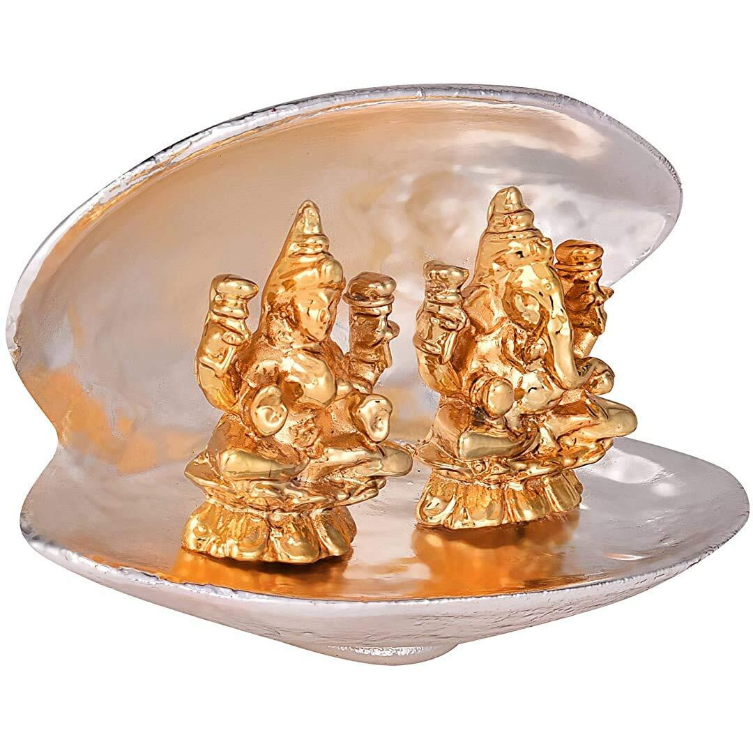 Lavanaya Silver - Gold Plated Laxmi Ganesh Idol Sitting On Silver Sea Shell Diwali Gift, Laxmi Ganesh Idol for Gift (Silver Gold)