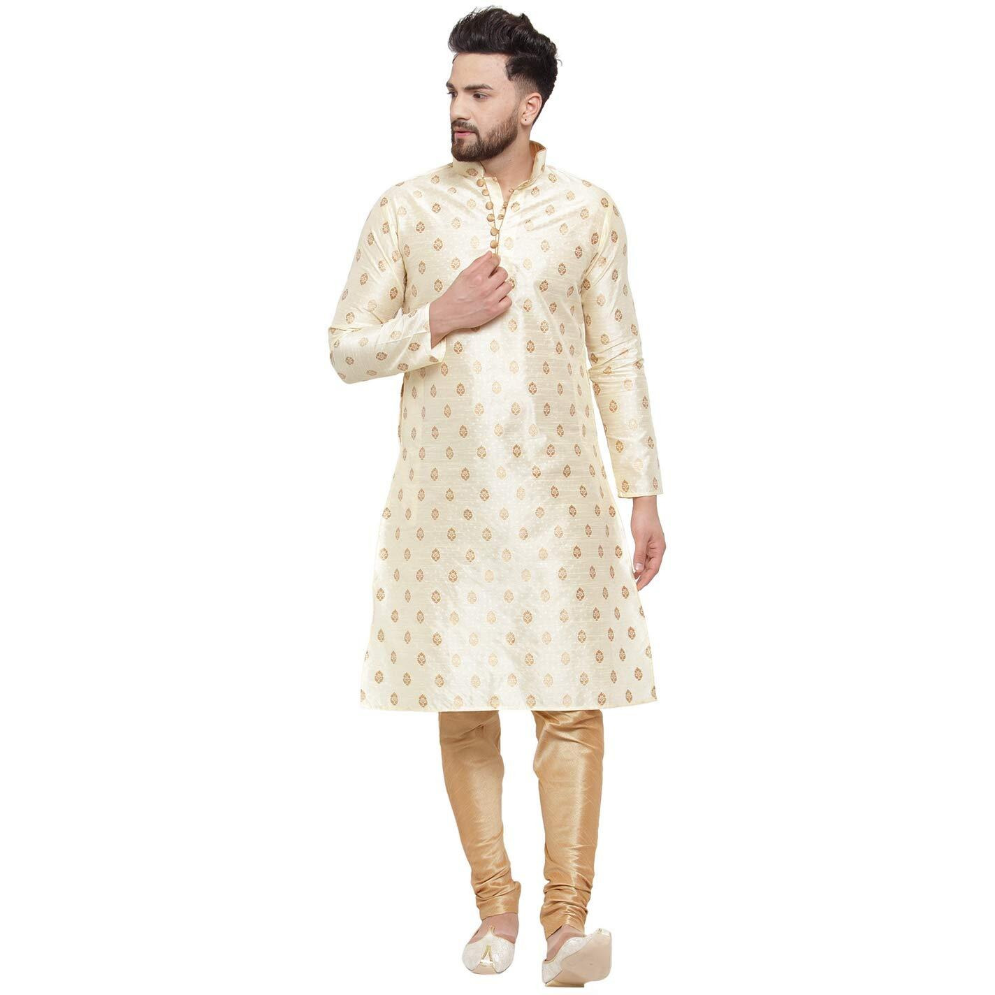 Larwa Ethnic Loop Button Ganesh print Kurta Pyjama set Beige,SIZE44