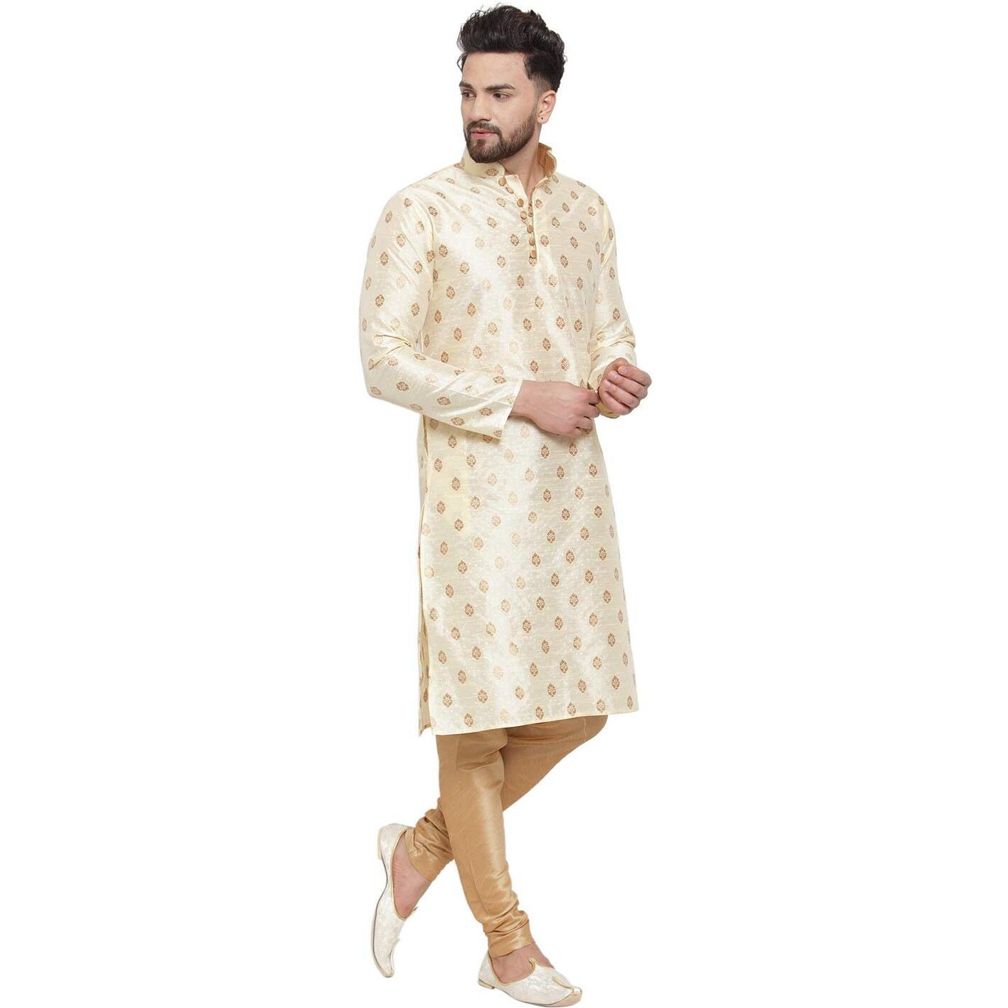 Larwa Ethnic Loop Button Ganesh print Kurta Pyjama set Beige,SIZE44