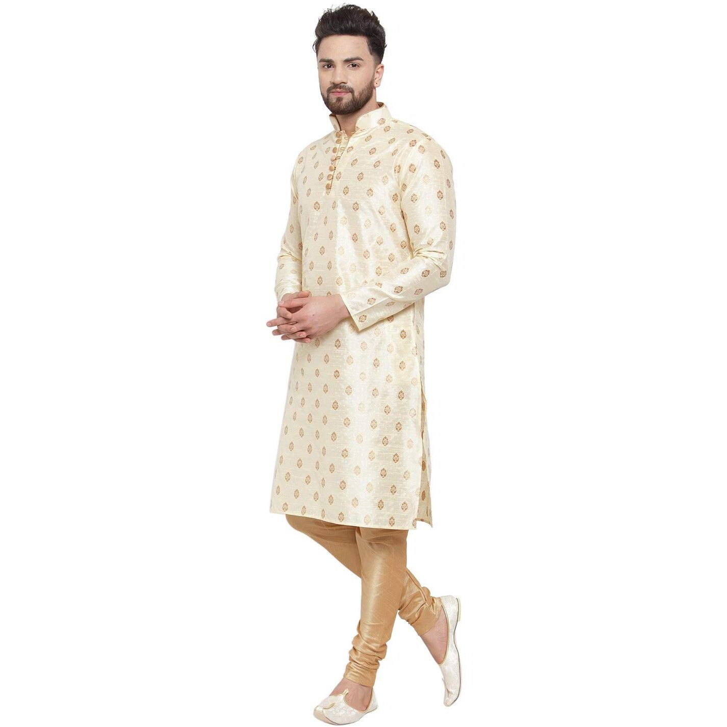 Larwa Ethnic Loop Button Ganesh print Kurta Pyjama set Beige,SIZE44