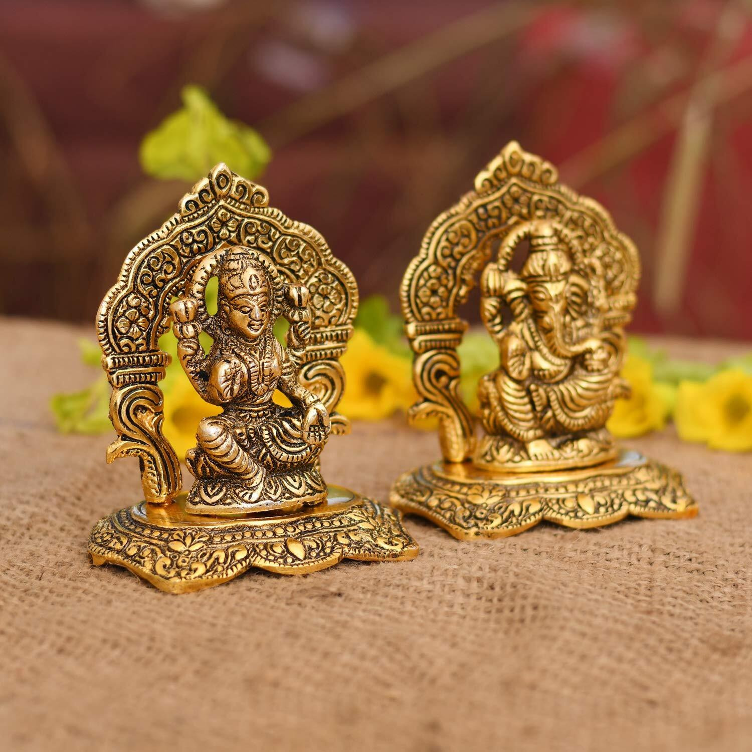 Collectible India Laxmi Ganesh Set Idol Showpiece Metal Gold Plated Lakshmi Ganesha Idols for Diwali Gifts Puja (Set 5)