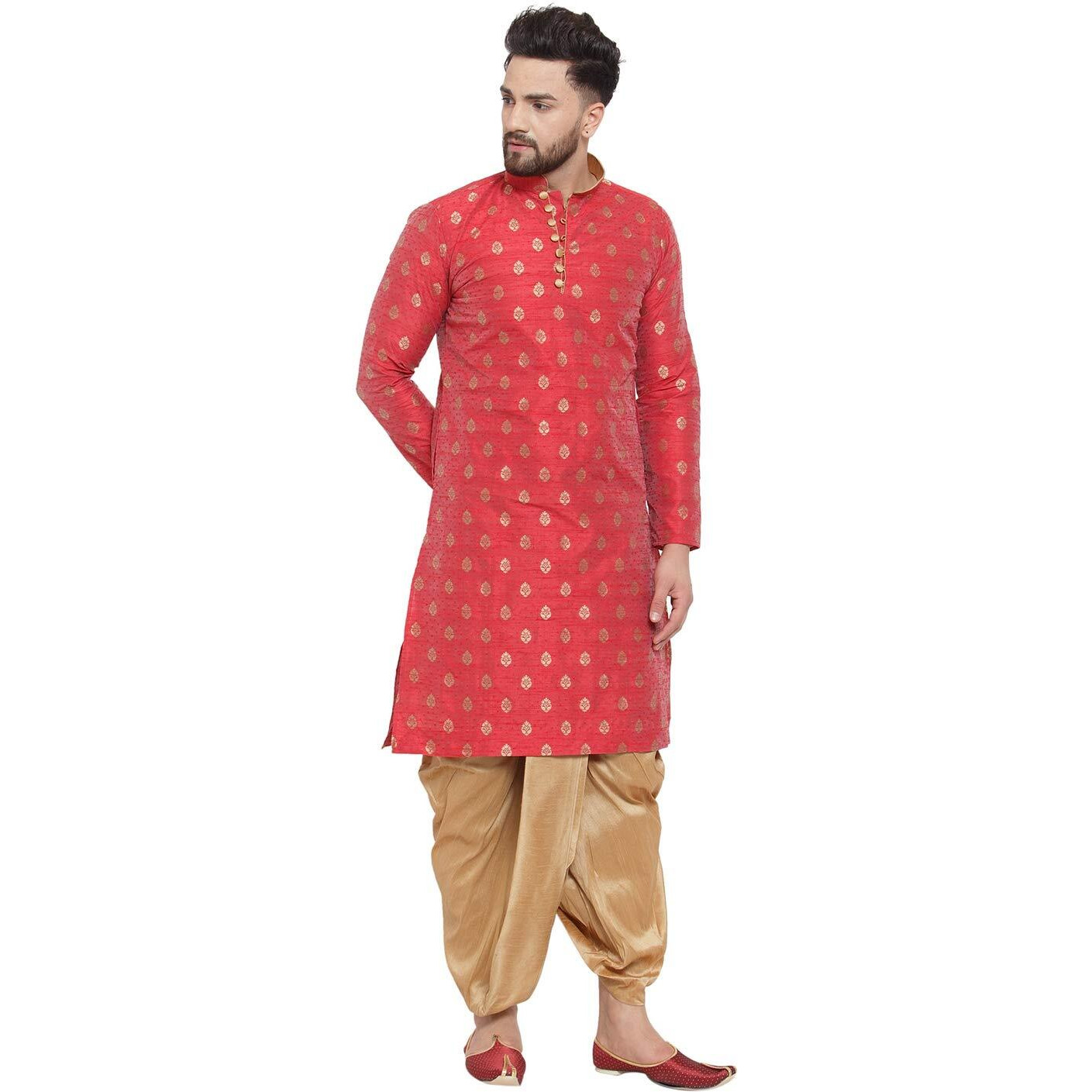 Larwa Mens Ethnic Loop Button Ganesh Print Kurta Dhoti Set (Maroon, Size 40)