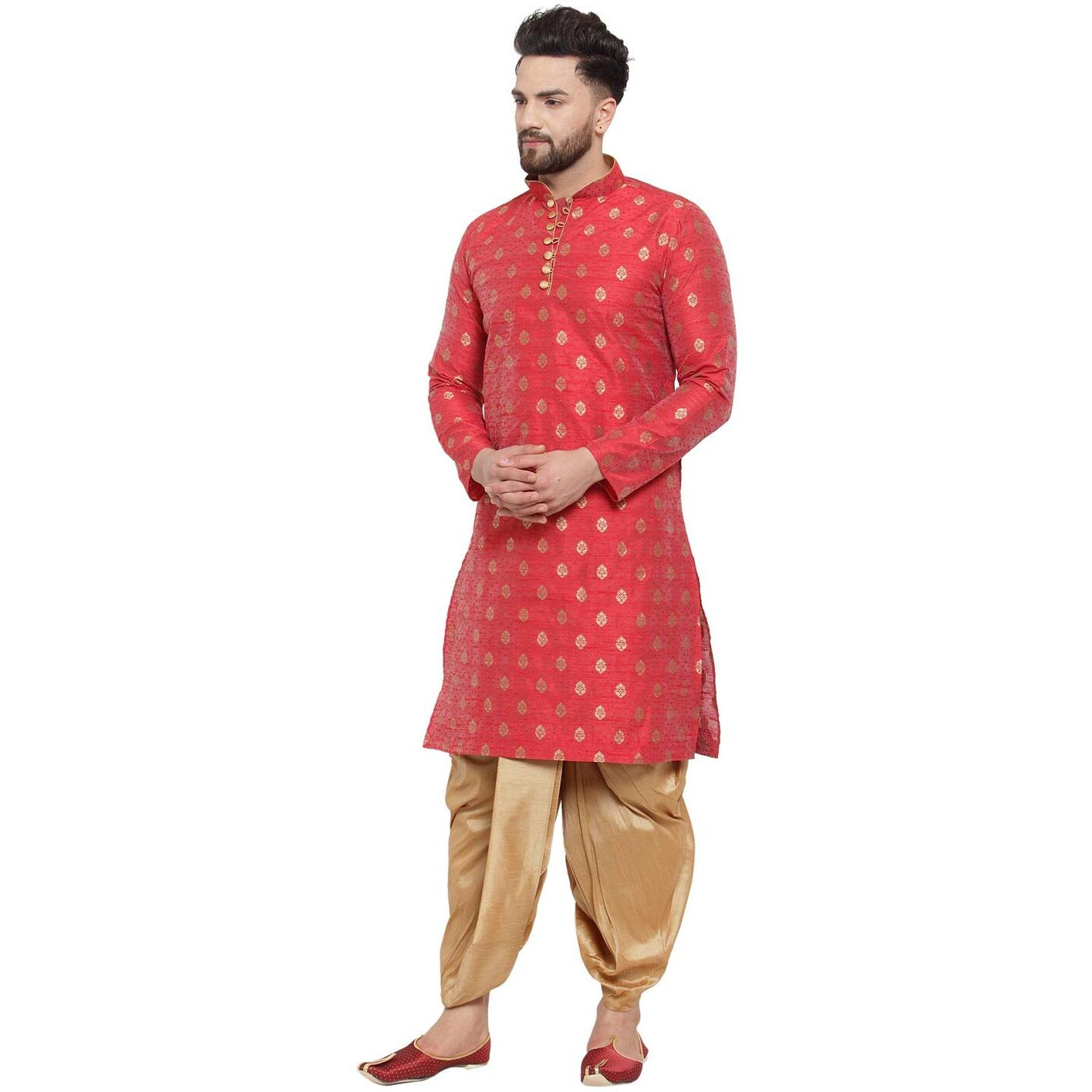 Larwa Mens Ethnic Loop Button Ganesh Print Kurta Dhoti Set (Maroon, Size 40)