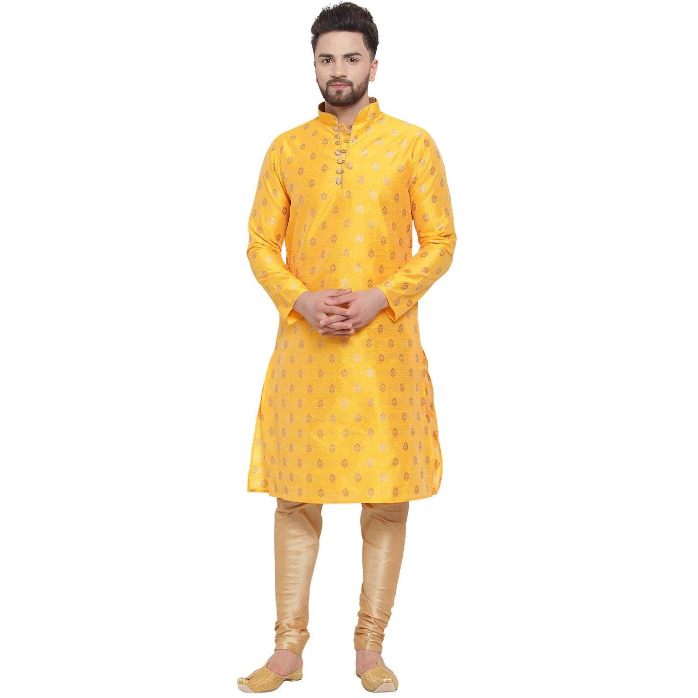 Larwa Mens Silk Kurta With Pyjama Set (Yellow Ganesh Jacq K Gold Pyj Lup+B_Yellow_38)