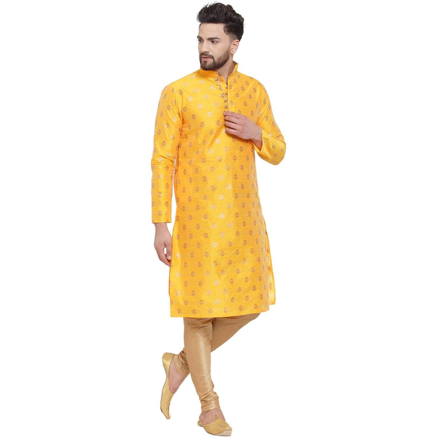 Larwa Mens Silk Kurta With Pyjama Set (Yellow Ganesh Jacq K Gold Pyj Lup+B_Yellow_38)