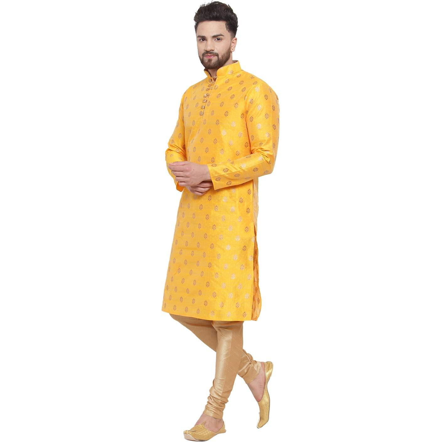 Larwa Mens Silk Kurta With Pyjama Set (Yellow Ganesh Jacq K Gold Pyj Lup+B_Yellow_38)