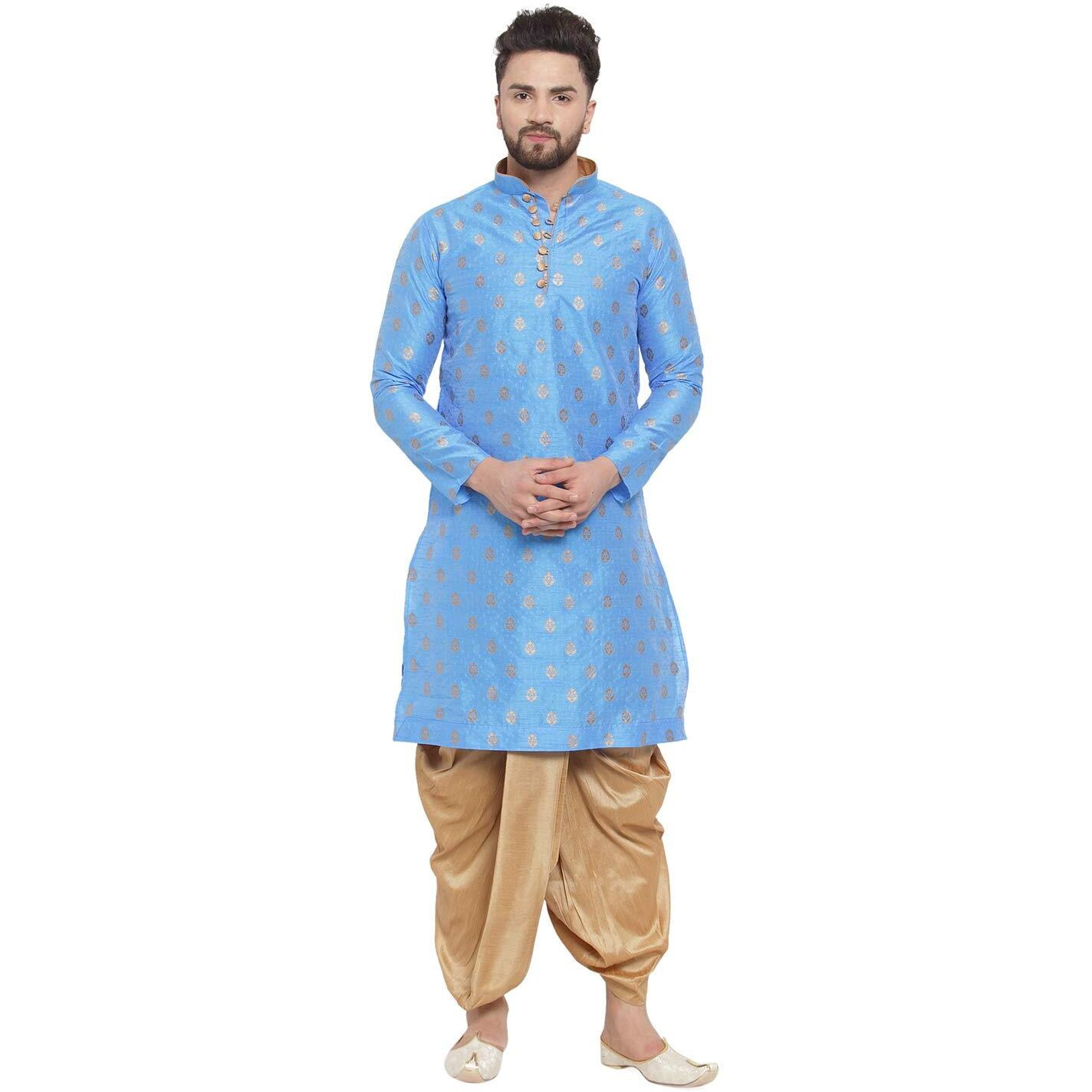 Larwa Mens Silk Kurta Dhoti Set (Firozi Ganesh Jacq K Gold Dhoti Lup+B_38_Blue, Firozi)