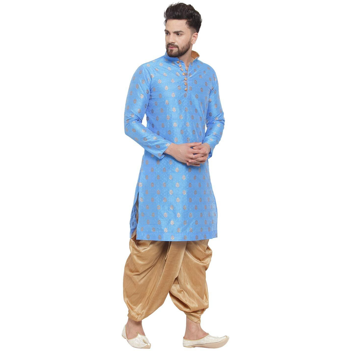 Larwa Mens Silk Kurta Dhoti Set (Firozi Ganesh Jacq K Gold Dhoti Lup+B_38_Blue, Firozi)