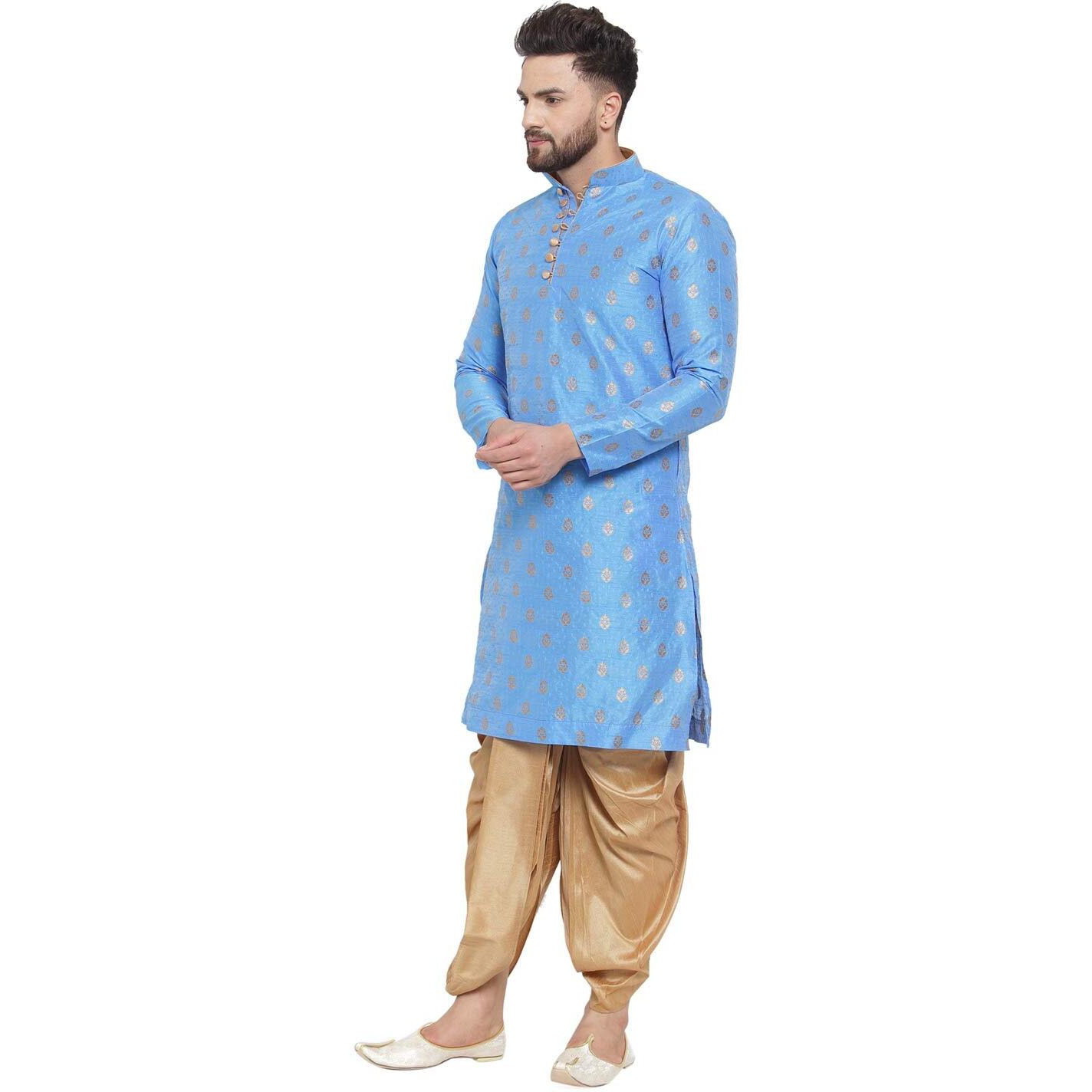 Larwa Mens Silk Kurta Dhoti Set (Firozi Ganesh Jacq K Gold Dhoti Lup+B_38_Blue, Firozi)