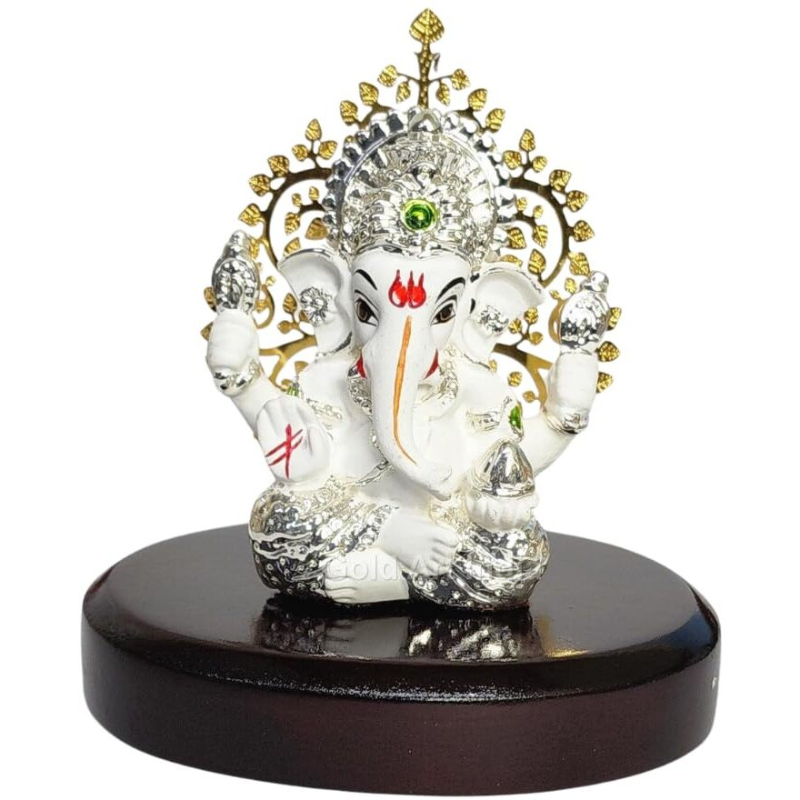 Gold Art India Lord Ganesha Idol Kalpavruksh Tree Ganesh Idol for Home Entrance Ganesh Ji for Car Dashboard | Ganesh Murti for Home Decor, Gifting & Pooja Room Oval MDF Base (White)