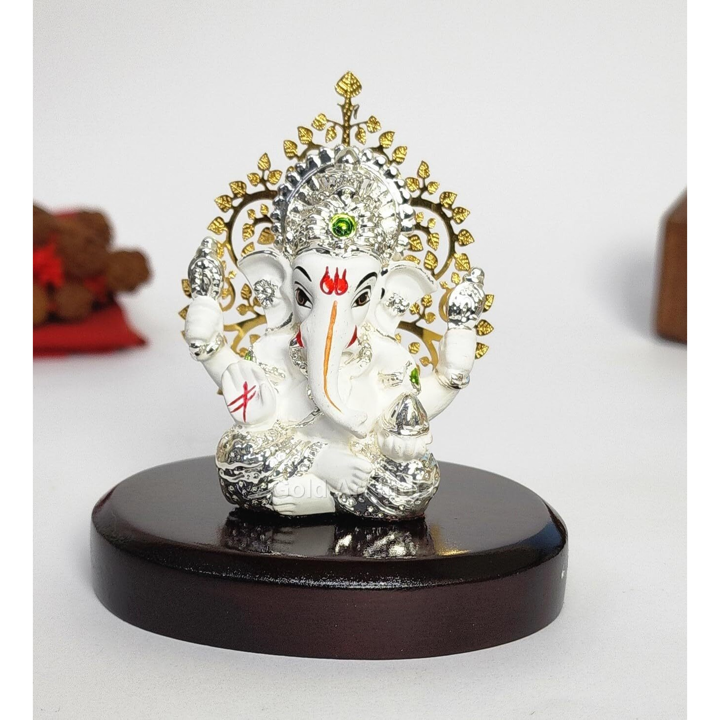 Gold Art India Lord Ganesha Idol Kalpavruksh Tree Ganesh Idol for Home Entrance Ganesh Ji for Car Dashboard | Ganesh Murti for Home Decor, Gifting & Pooja Room Oval MDF Base (White)