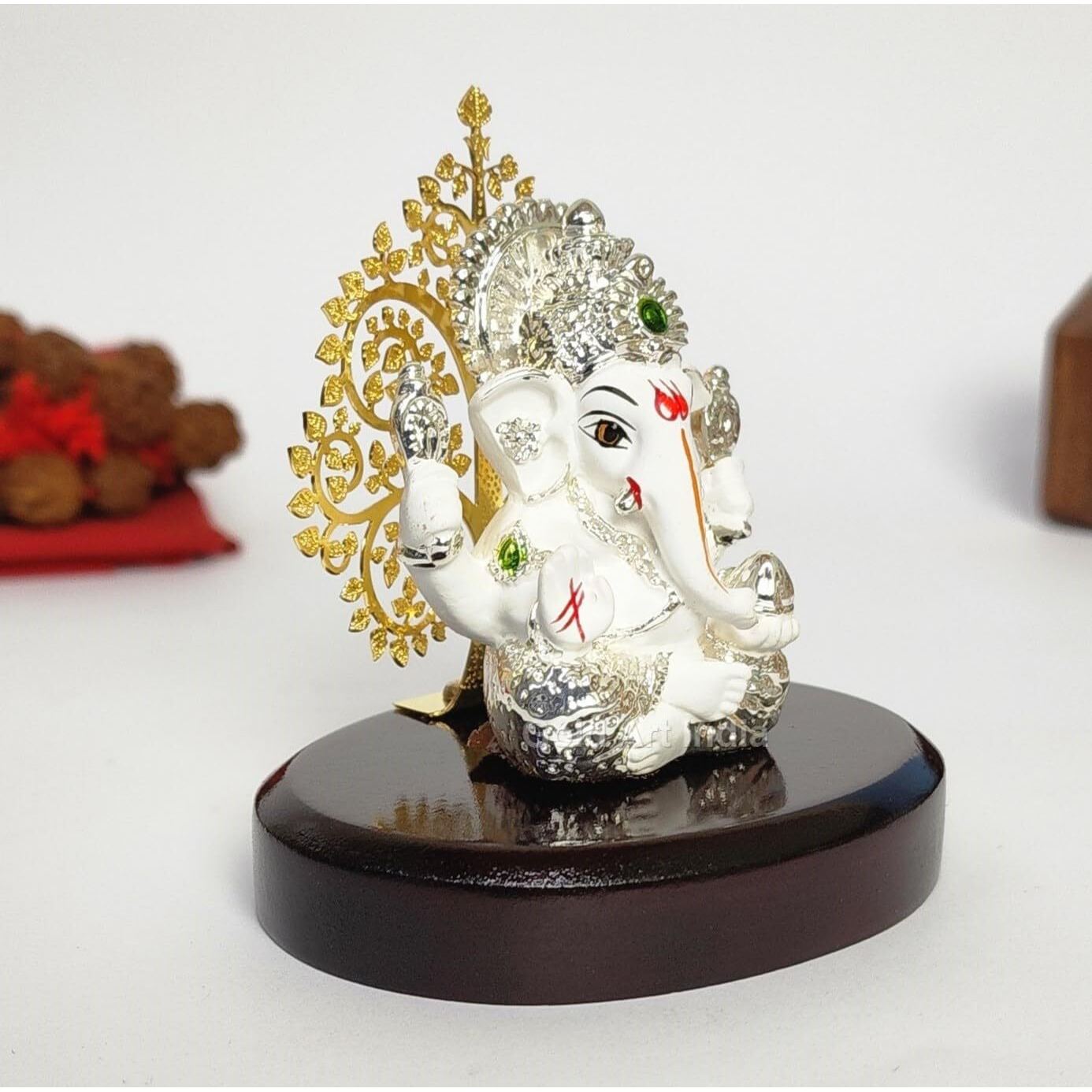 Gold Art India Lord Ganesha Idol Kalpavruksh Tree Ganesh Idol for Home Entrance Ganesh Ji for Car Dashboard | Ganesh Murti for Home Decor, Gifting & Pooja Room Oval MDF Base (White)